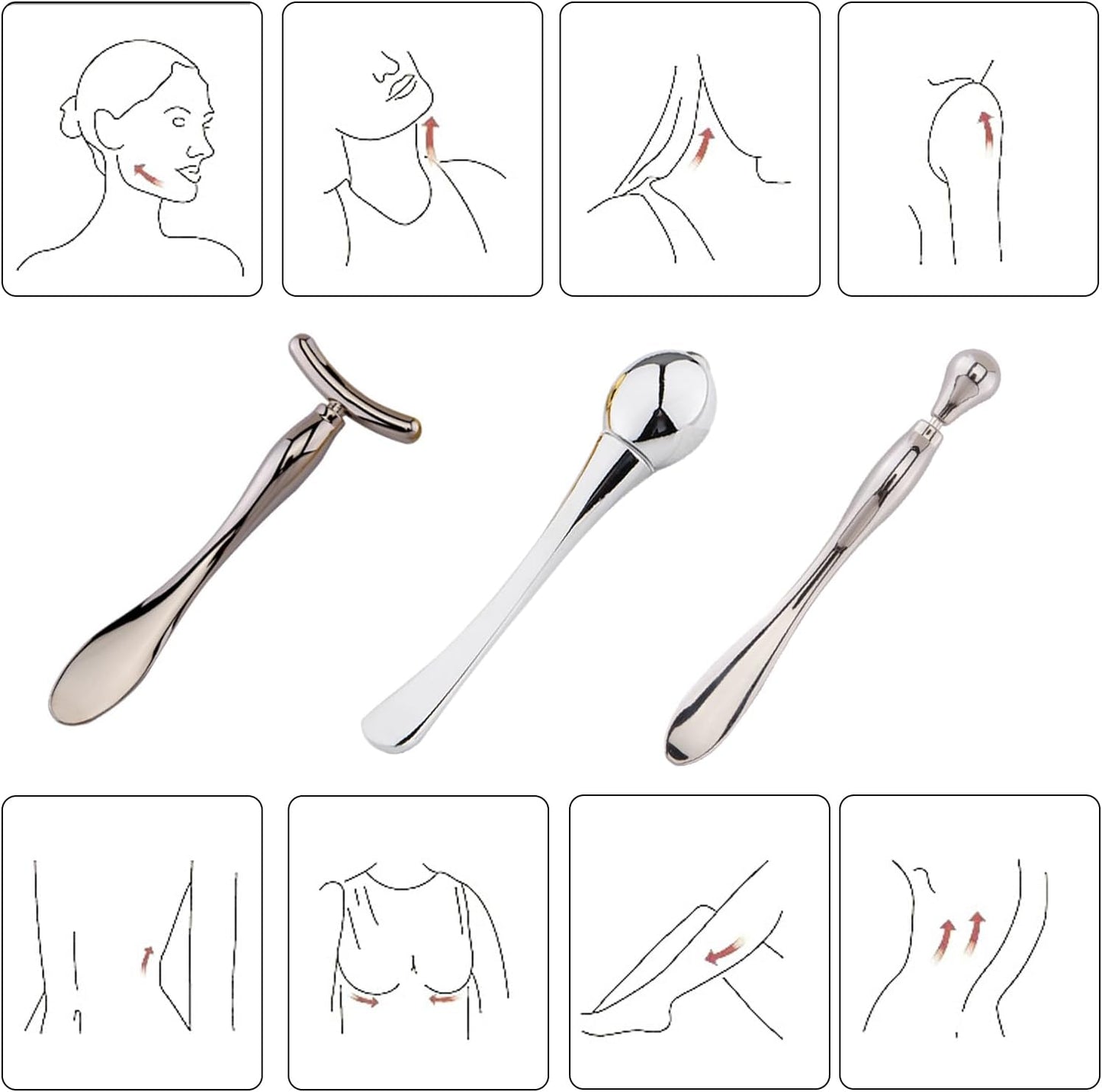 BetterJonny 3Pcs Metal Eye Cream Applicator Roller Wand Stick, Cosmetics Spoon Eye Cream Massager Wand Girls Women Facial Massager for Fatigue Relief Reduce Puffiness (Silver)