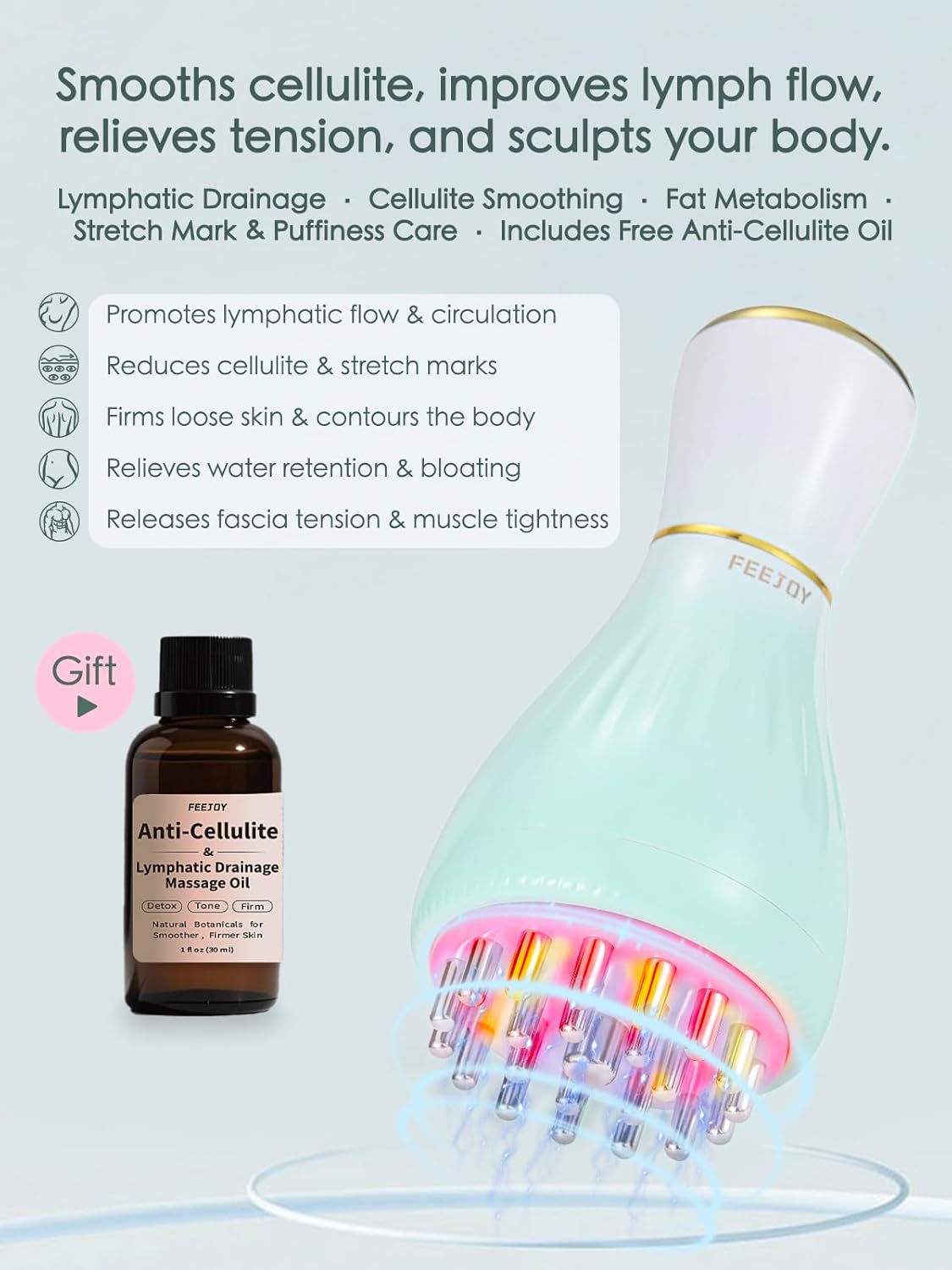 Lymphatic Drainage Massager & Massage Tool with Cellulite Oil, Body Sculpting Machine & Fascia Blaster for Cellulite with Microcurrent, Light, Heat & Vibration, for Legs, Arms & Belly