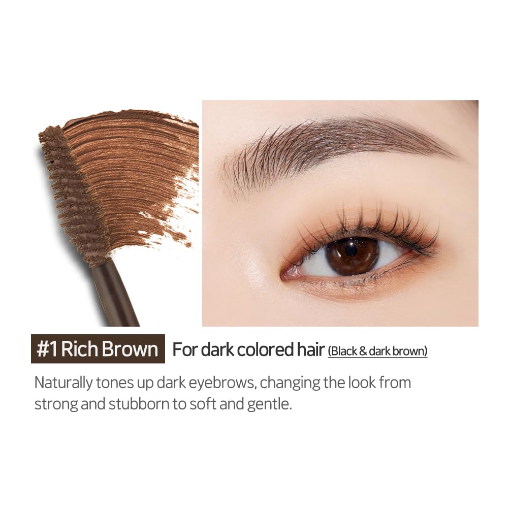 ETUDE Color My Brows, Brow Mascara, 3D Natural Coloring, Beeswax & Carnauba Wax, Moisturizing Brow Care, Eyebrow tint, Soft Gel Texture, Korean Makeup, Beauty, Rich Brown (0.152 Fl Oz)