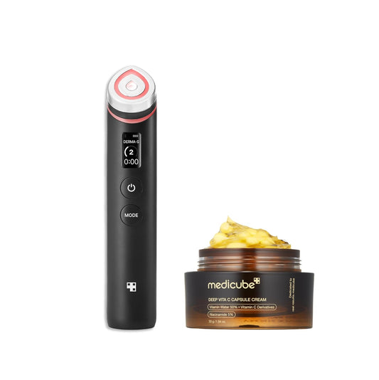 medicube K-Viral Duo for Uneven Skin Tone: Age-R Booster Pro | 6-in-1 Real Glass Glow Device and Deep Vitamin C Golden Capsule Face Moisturizer