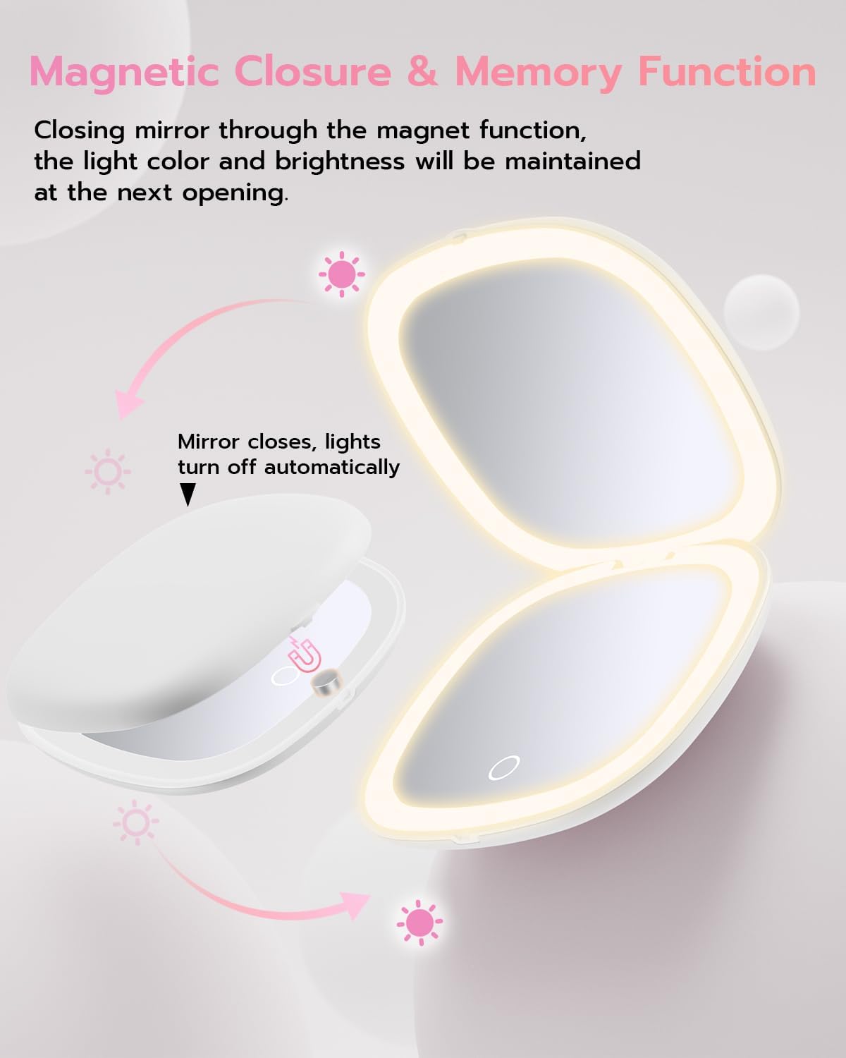 Benbilry 3.9" Rechargeable Compact Makeup Mirror with 3 Light Colors and Magnification 1X / 10X, Double Light Strip Dimmable Small LED Travel Mirror for Purse, White