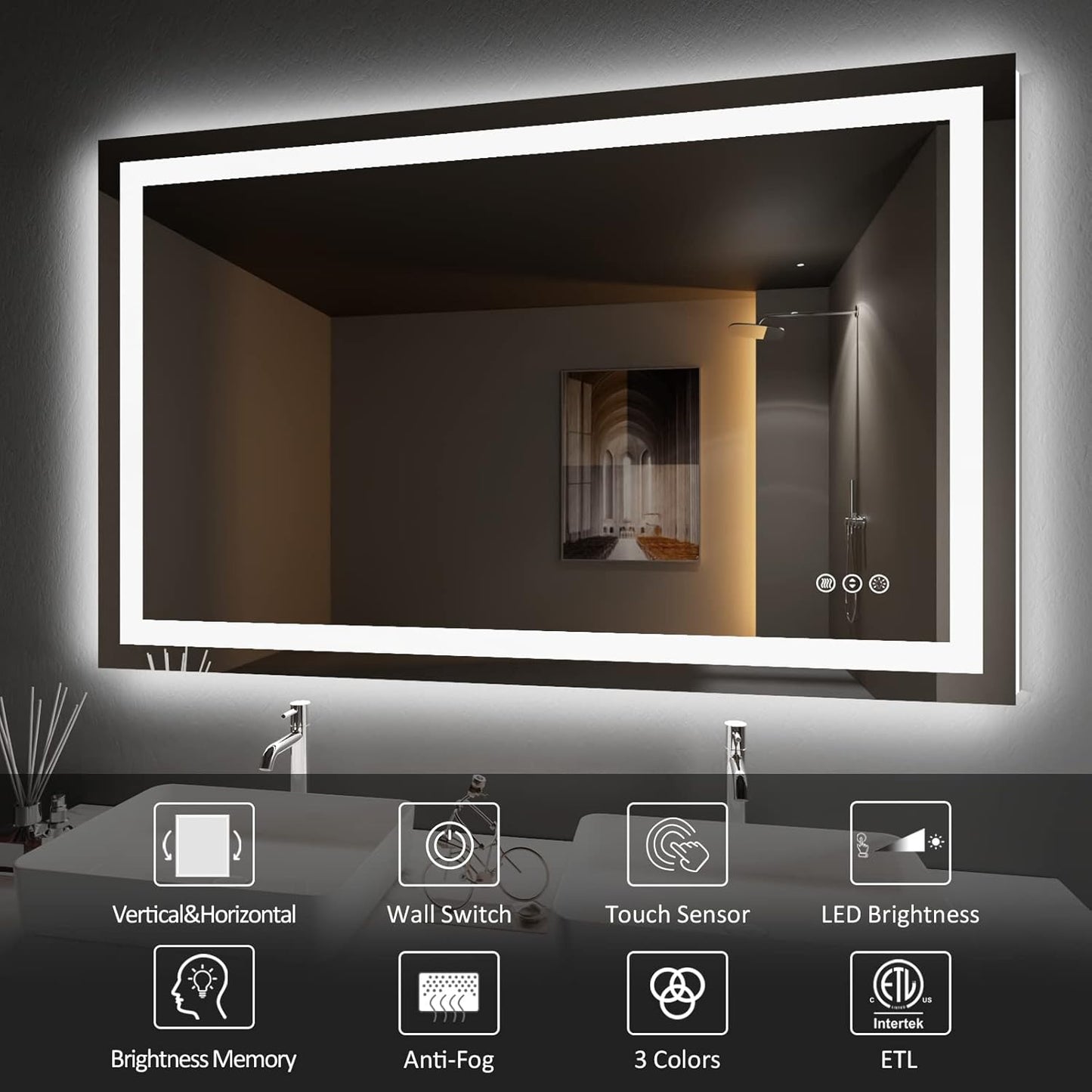 Amorho LED Bathroom Mirror 48'' X30'' with Front and Backlit, Stepless Dimmable Wall Mirrors with Anti-Fog, Shatter-Proof, Memory, 3 Colors, Double LED Vanity Mirror (Horizontal/Vertical)