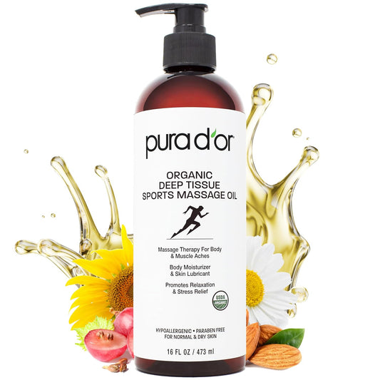 PURA D'OR 16 Oz Organic Deep Tissue Sports Massage - Jojoba, Sunflower, Almond, Grapefruit & Eucalyptus Oils - Alleviate Muscle Soreness