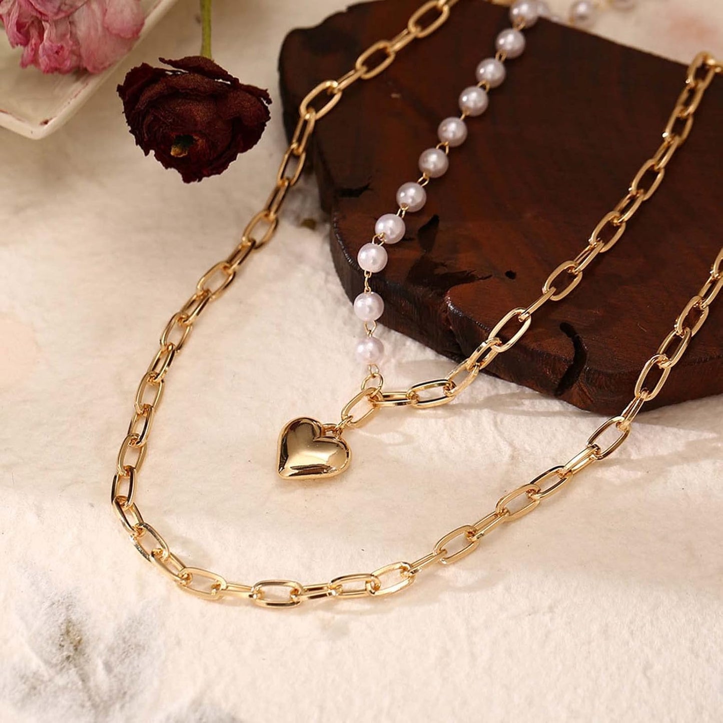 Boho Layered Pearl Choker Necklace Chain Vintage Gold Heart Pendant Cuban Chain Necklace Rock Statement Pearl Heart Necklace Asymmetrical Pearl Strand Necklace Jewelry for Women and Girls
