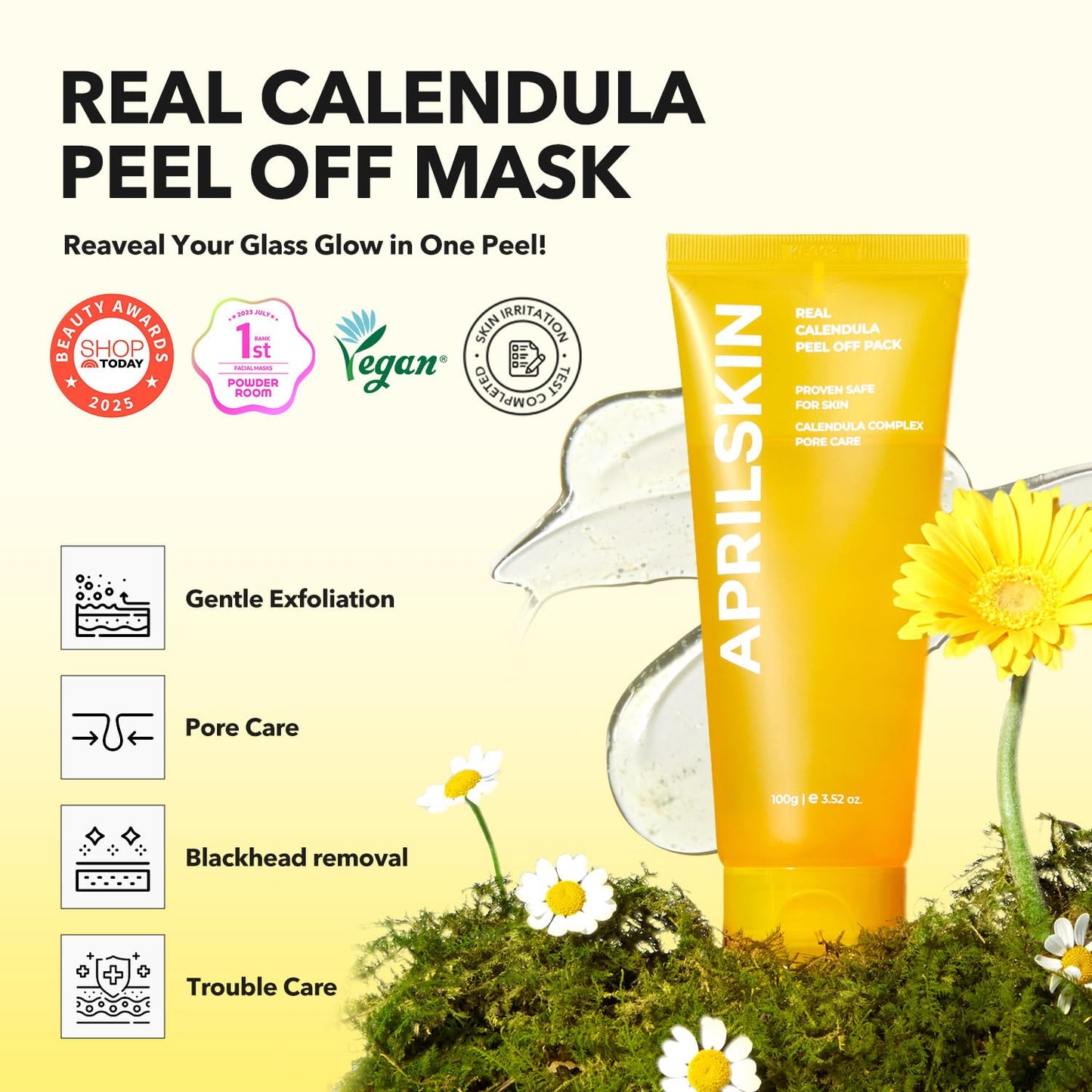 APRILSKIN Calendula Flower-Infused Facial Peel Off Mask, 3.52 fl. oz, PHA, BHA & Niacinamide gently exfoliates, removes impurities, improves uneven skin tone, and minimizes pores, Korean Skincare