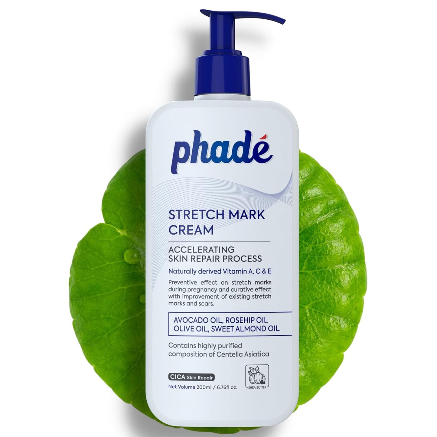 Phade Stretch Mark Cream with CICA - 200ml | Pregnancy, Scars, Uneven Skin Tone, Aging | Dermatologist Tested, Clinically Proven Formula for Stretch Marks, Hydration, and Skin Repair