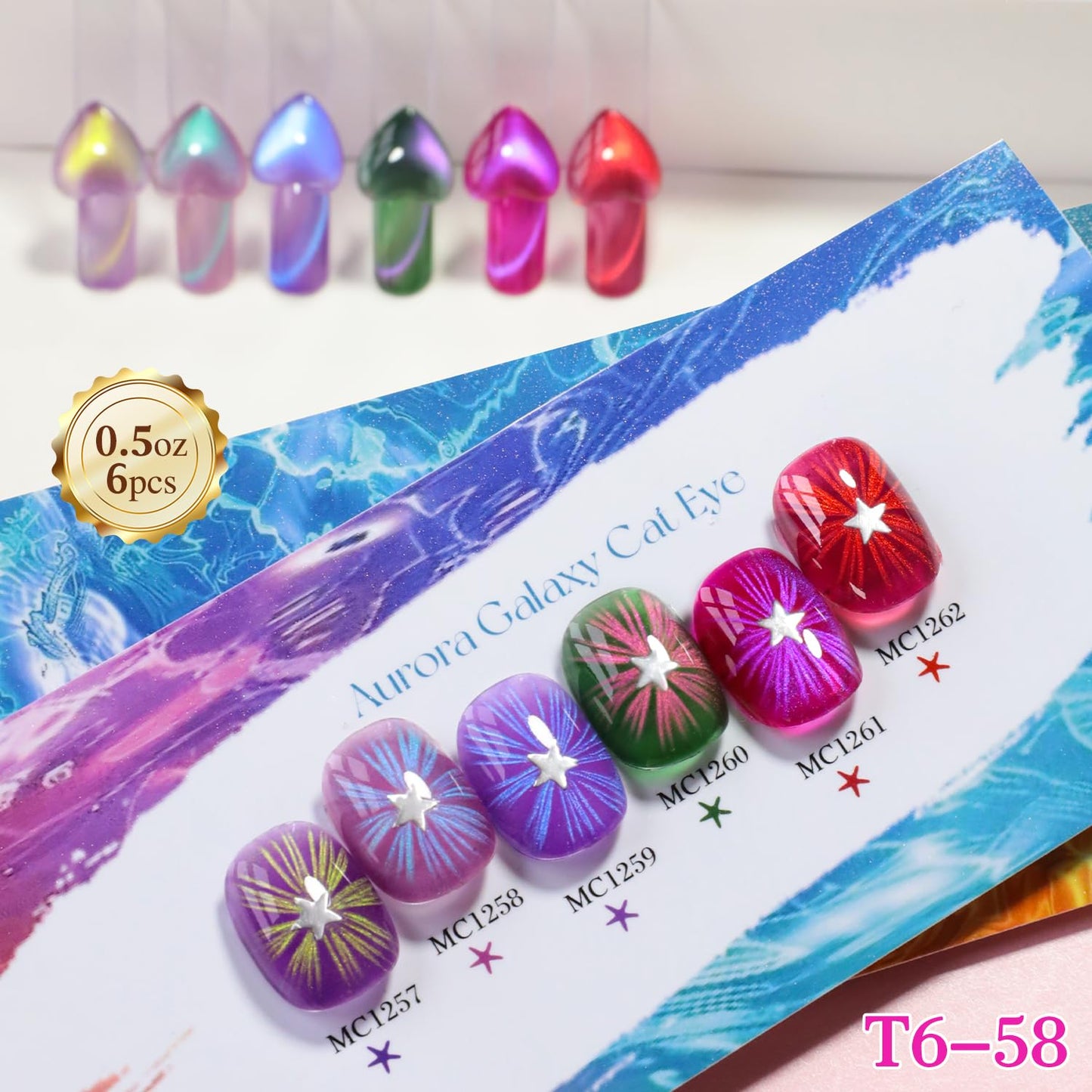 Double Rhythm Cat Eye Gel Nail Polish Set of 6 Same Color Same Bottle 0.5 Oz Shimmer Glitter with Magnet Holographic Reflective Magnetic UV Nail Polish Kit at Home (Aurora Galaxy Burgundy-T6-58)