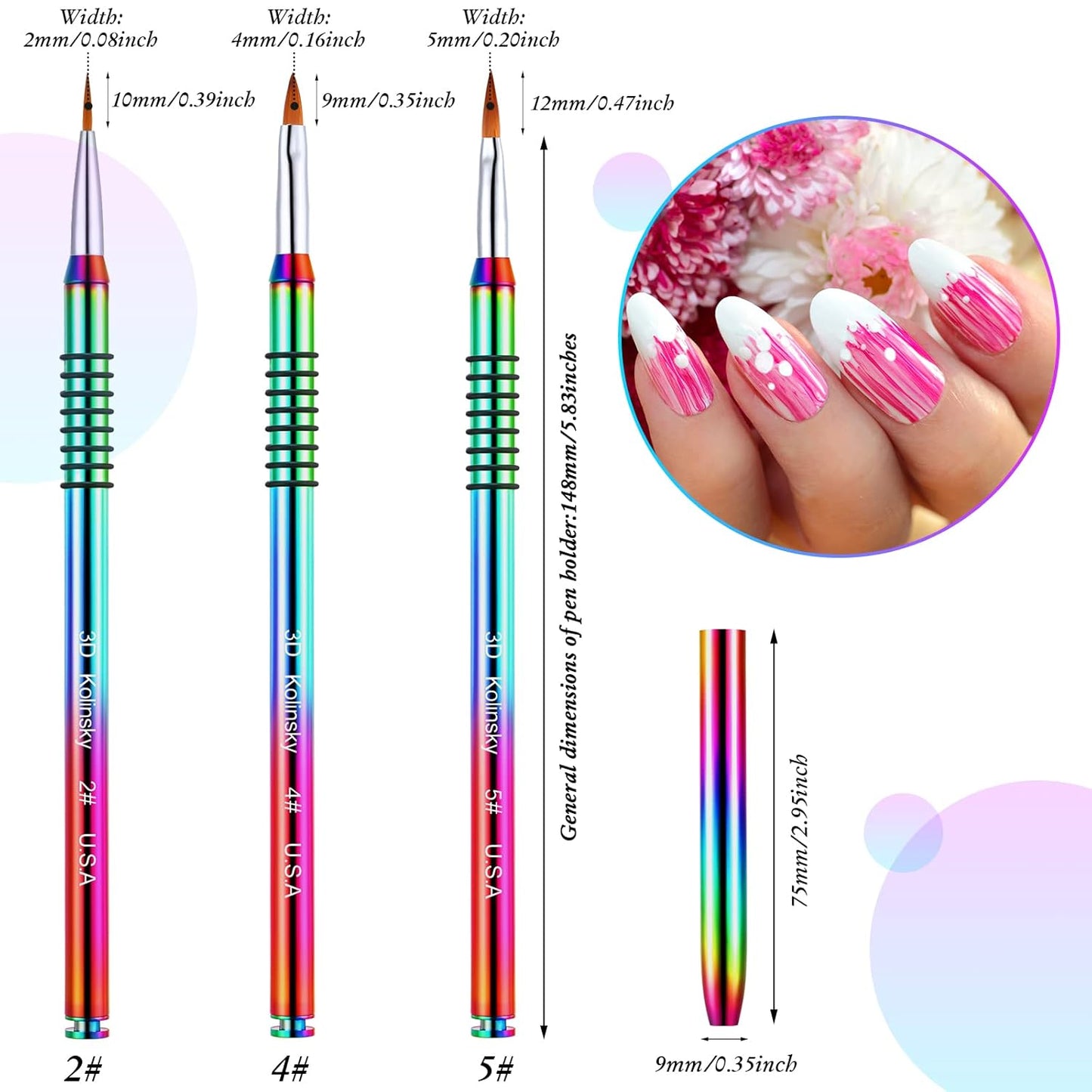 Patelai 3 Pcs Kolinsky 3D Nail Art Brush Set for Acrylic Powder Sculpture Nail Art Brush Size 2/4/5 with Rainbow Metal Nonslip Grip Handle for Acrylic Powder Application