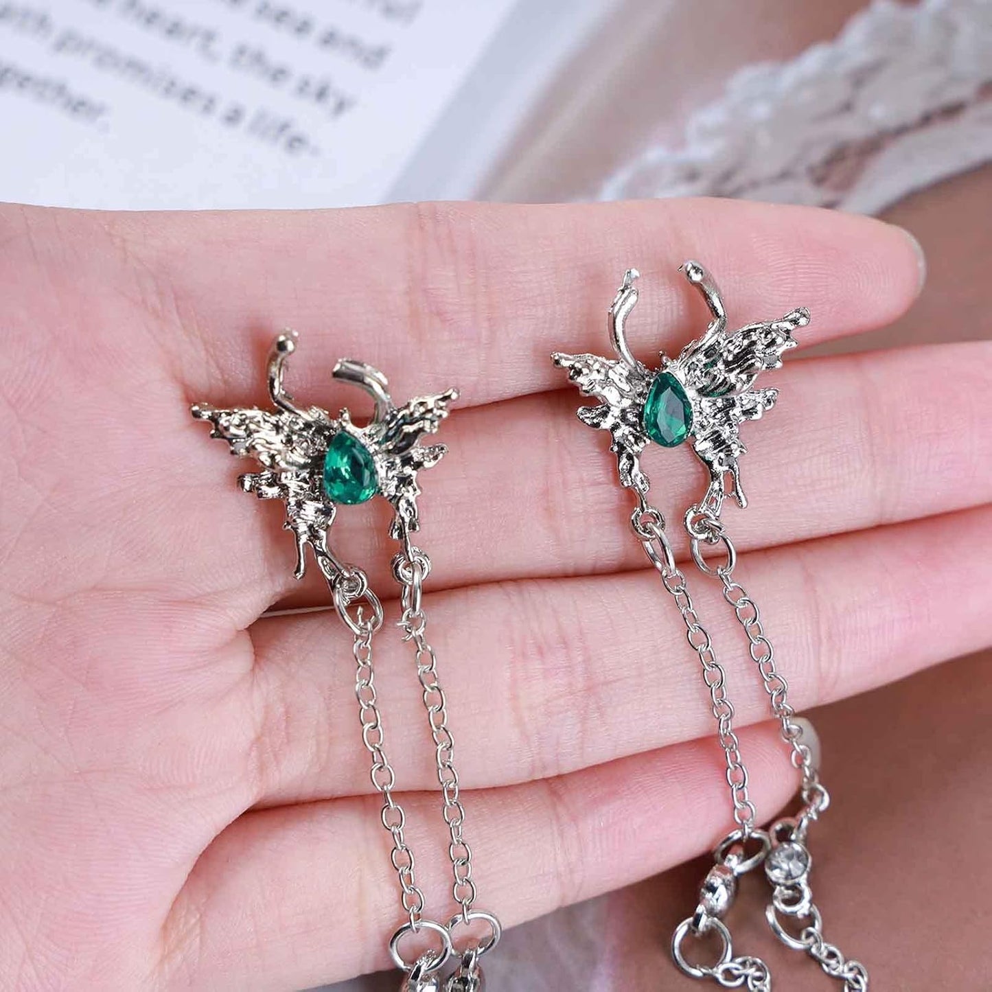 Vintage Emerald Butterfly Earrings Silver Chain Tassel Drop Earrings Butterfly Emerald Stud Earings Long Cz Chain Earrings Jewelry for Women and Girls