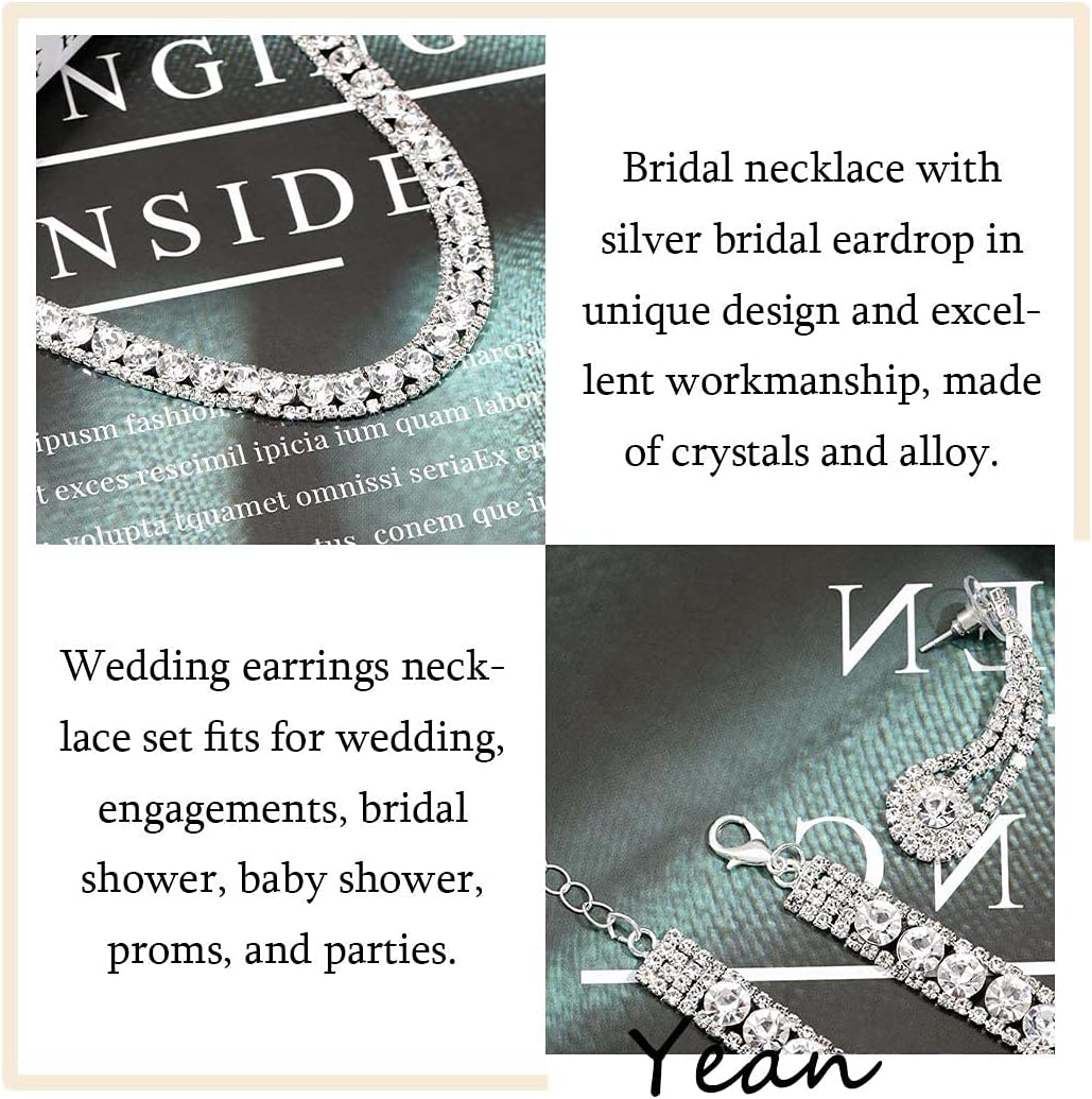 Yean Bride Silver Necklace Earrings Set Rhinestone Bridal Wedding Jewelry Sets Crystal Choker Necklace for Women (Set 3)