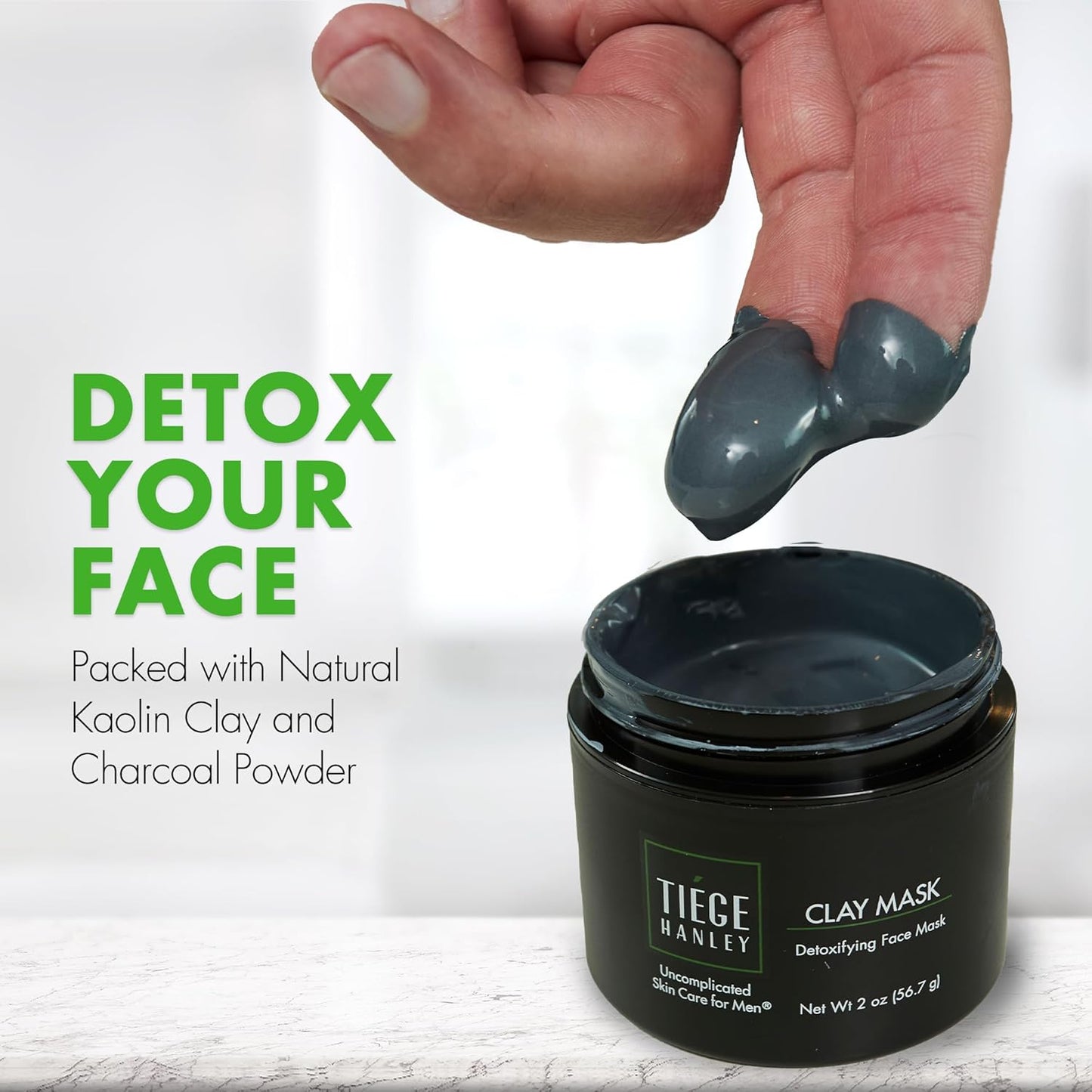 Tiege Hanley Mens Detoxifying Facial Clay Mask, 2 Oz (2-Pack) - Deep Pore Cleansing Charcoal Face Mask with Natural Kaolin Clay Absorbs Excess Oil & Reduces Appearance Pores - Skin Care for Men