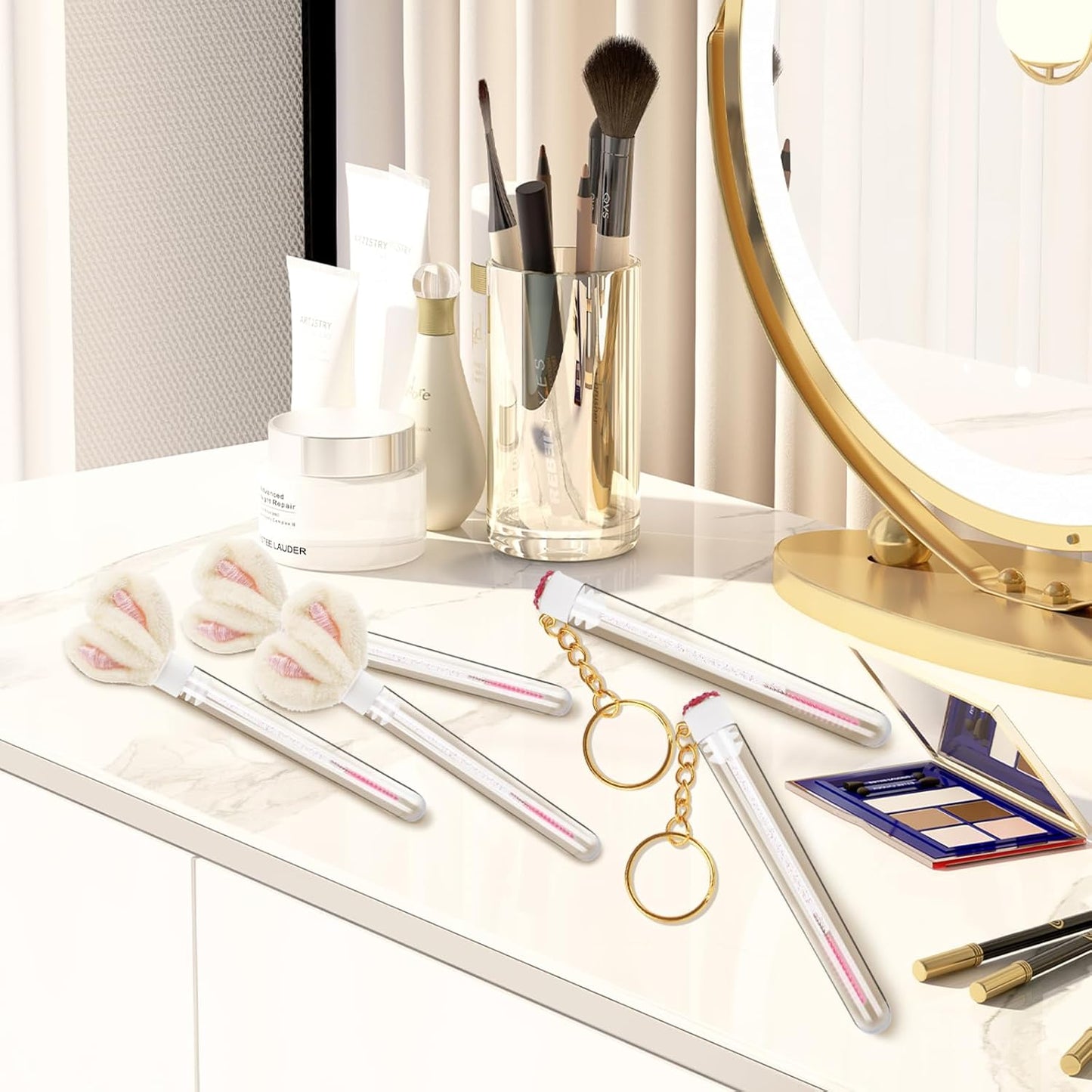 48 Pieces Disposable Mascara Wands Set,Include 24 pcs Disposable Crystal Lash Spoolies Brush and 24 Pieces Reusable Diamond keychain Empty Eyelash Brush Tubes for Women Girls Makeup Brush Kit