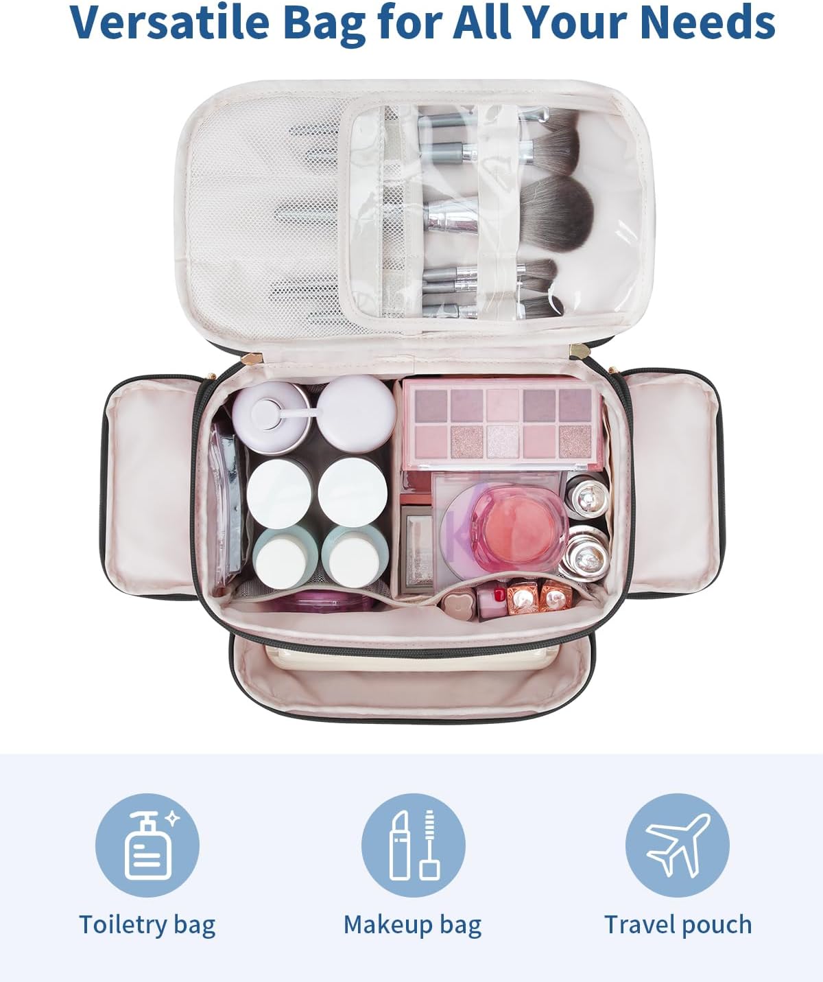 WANDF Travel Toiletry Bag for Women, Wide-open Large Makeup Bag with Handle, Puffy Makeup Organizer for Toiletries, Cosmetics, Accessories, Essentials (Black)