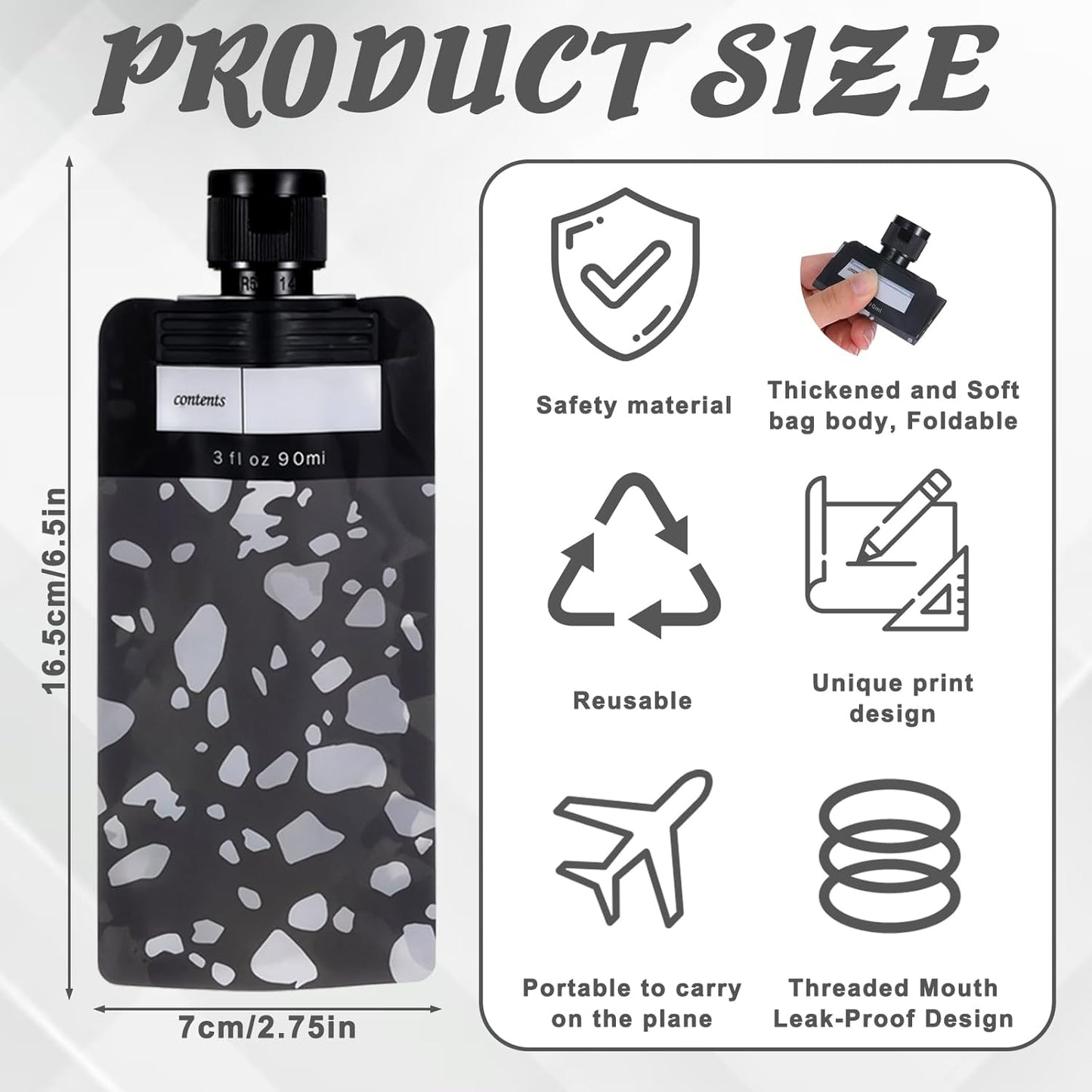 3 oz 6 PCS Refillable Size Containers Leak Proof Empty Squeeze Pouches Travel Shampoo Containers Pouches Travel Pouches for Toiletries for Shampoo Conditioner Face Cream Hand Soap（Black）