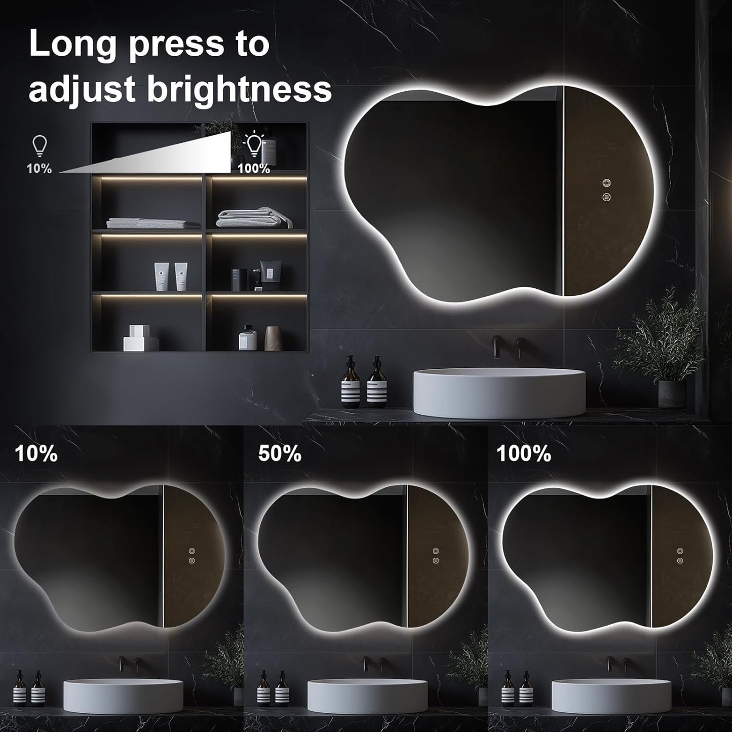 40"x30" Asymmetrical LED Bathroom Wall Mirror with Dual Lighting, Anti-Fog Pad, Dimmable Brightness & 3 Color Temperatures [Horizontal/Vertical]