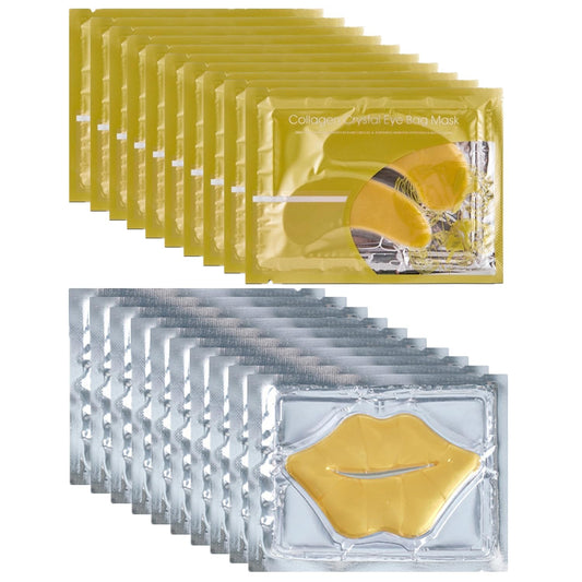24K Gold Gel Crystal Collagen Eye and Lip Mask Set, 15 Pairs Gold Eye Mask & 15 Pcs Gold Lip Mask for Moisturizing, Collagen Under Eye Mask for Dark Circles Puffiness and Wrinkles