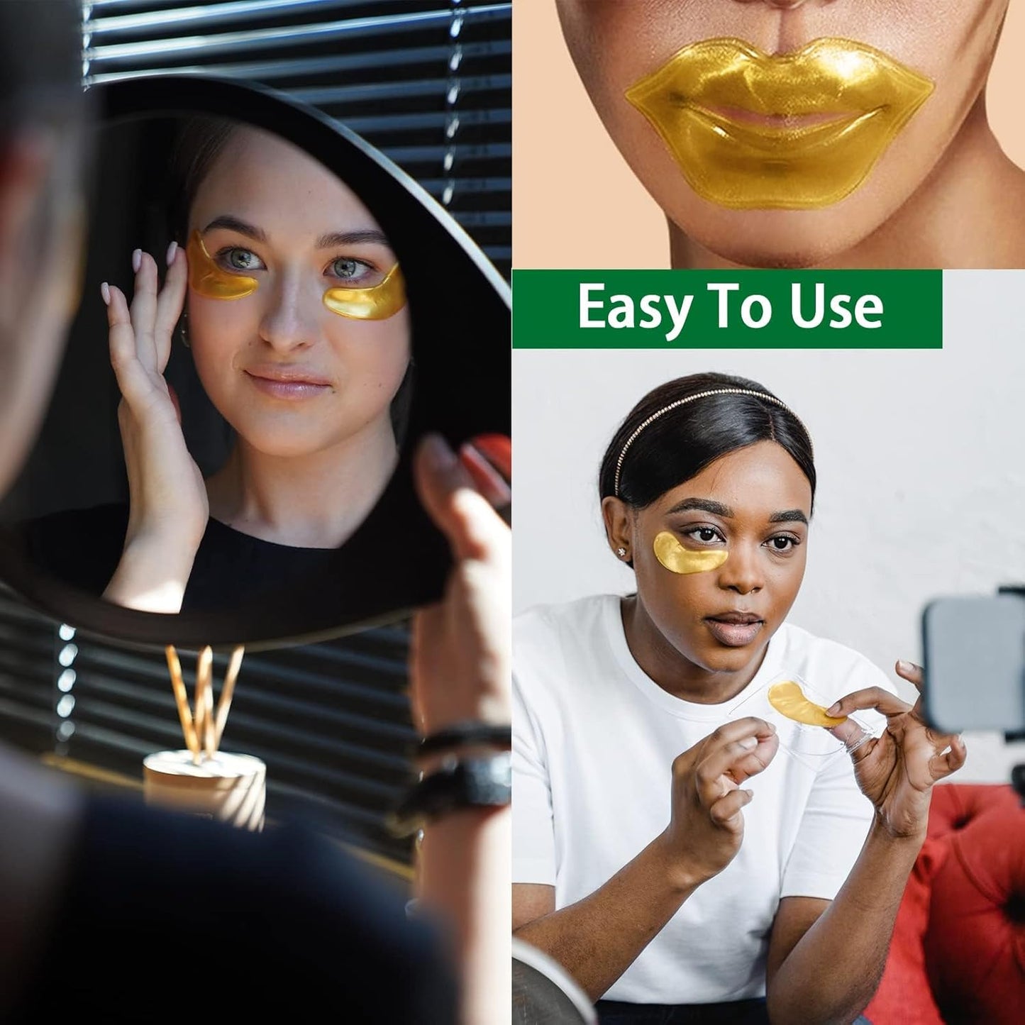 24K Gold Gel Crystal Collagen Eye and Lip Mask Set, 15 Pairs Gold Eye Mask & 15 Pcs Gold Lip Mask for Moisturizing, Collagen Under Eye Mask for Dark Circles Puffiness and Wrinkles