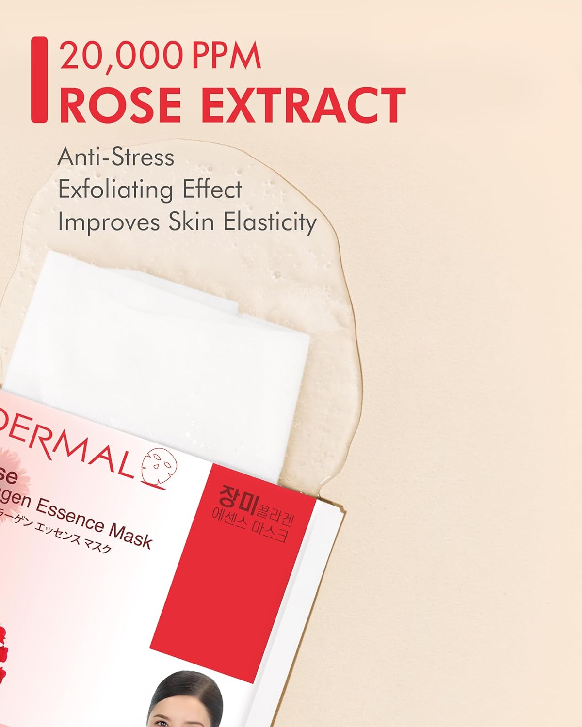 DERMAL Rose Collagen Essence Korean Facial Mask Sheet Pack of 10 - Reviving Tired Skin, Soothing & Hydrating - Hypoallergenic Skin Friendly Sheet