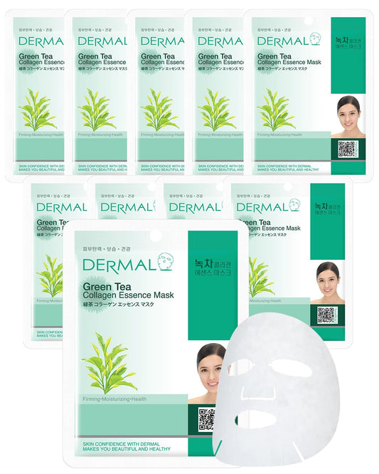 DERMAL Green Tea Collagen Essence Facial Mask Sheet 23g Pack of 10 - Hydrating and Soothing for Sensitive Oily Skin, Revitalize Dull Skin, Daily Skin Treatment Solution Sheet Mask