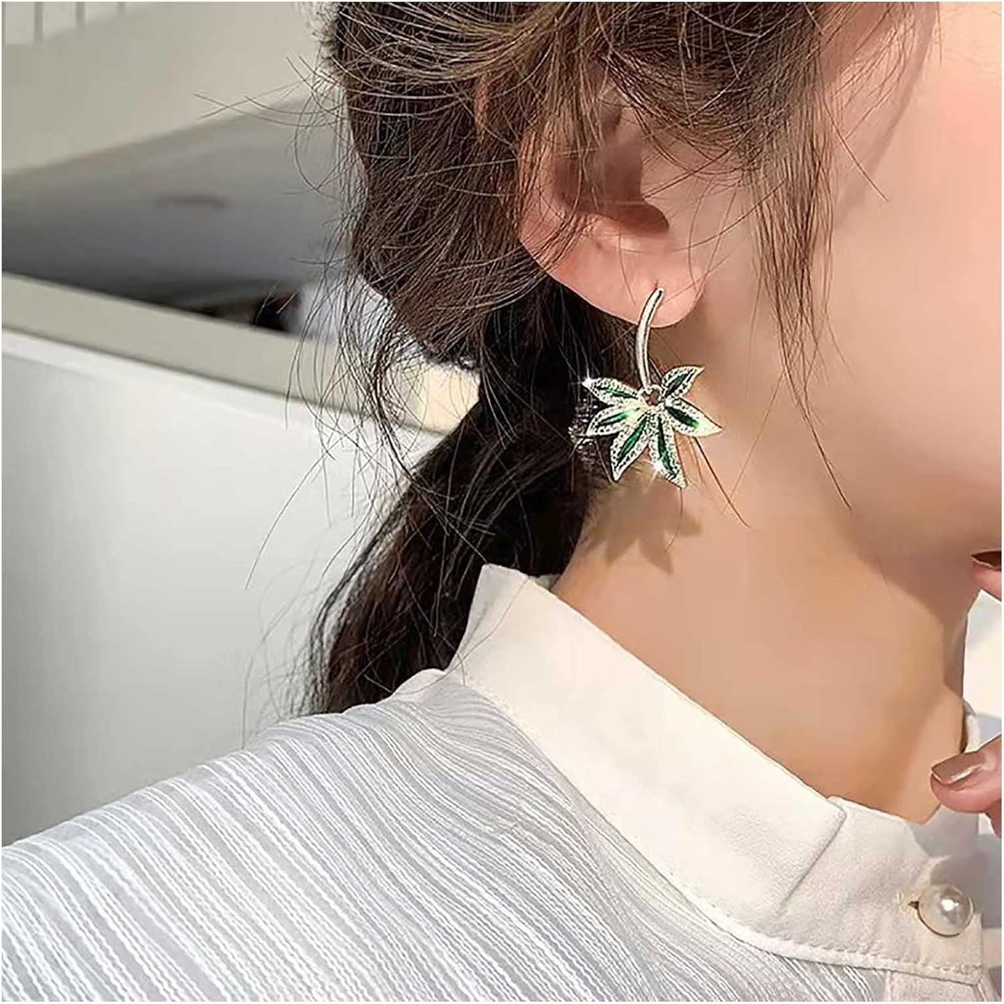 Vintage Emerald Pot Leaf Earrings Green Leaf Drop Earrings Green Marijuana Leaf Earrings Gold Cz Leaf Dangle Earrings Jewelry for Women