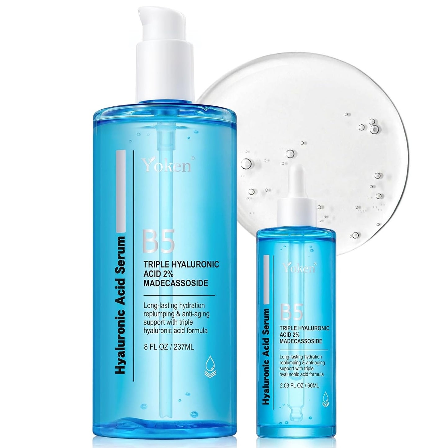 Yoken EWG Verified Hyaluronic Acid Serum for Face 8 + 2 fl oz, Vitamin B5 & Triple Pure Hyaluronic Acid 2%, Anti-aging Facial Serum for Fine Line Wrinkle Hydrating Serum Plump Dry Skin Fragrance-Free