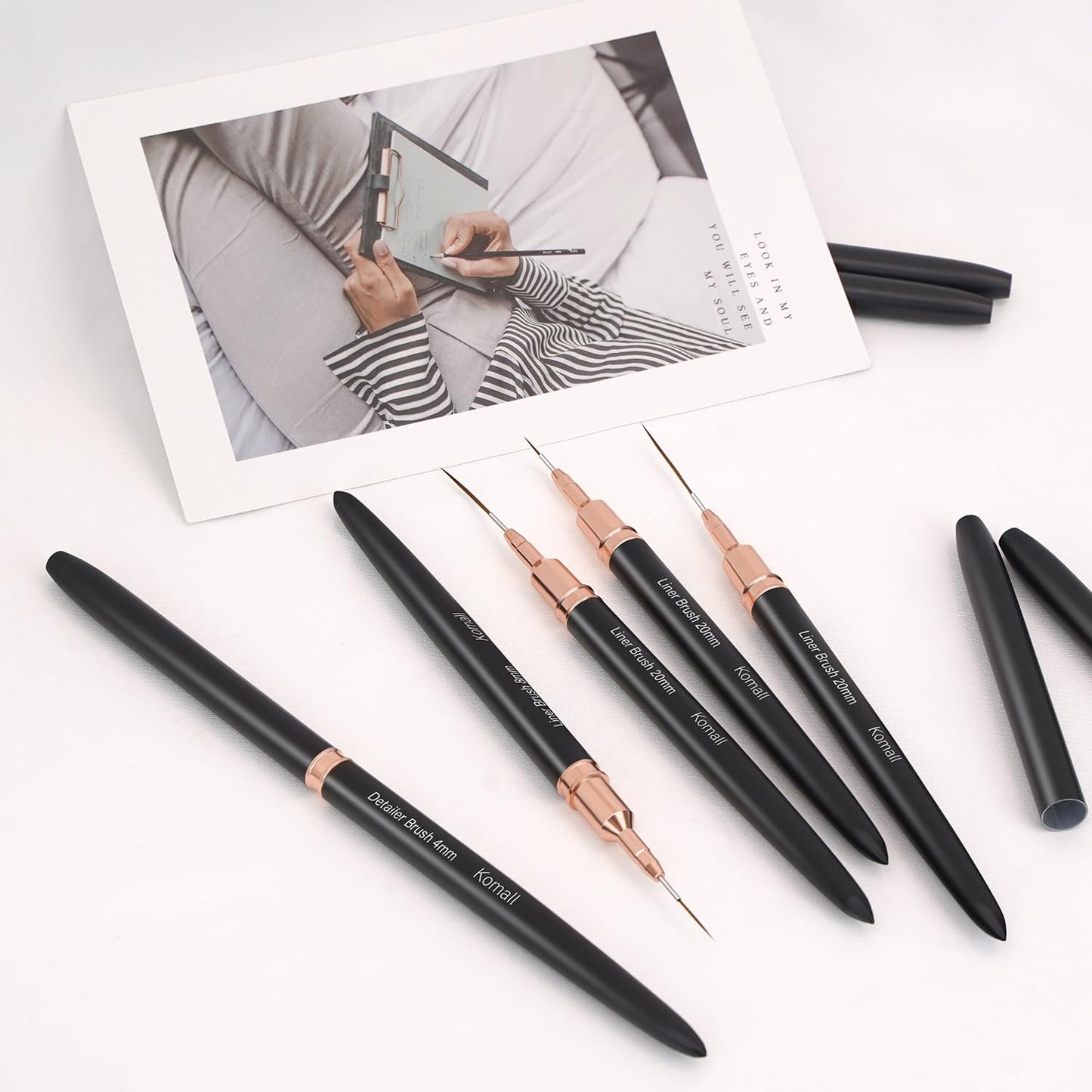 Metallic Nail Art Brushes, 5Pcs Liner Brush Set, UV Gel Polish Painting Art Design Pen for Long Lines, Thin Details, Fine Drawing Sizes 4/8/12/20/25mm(Black)