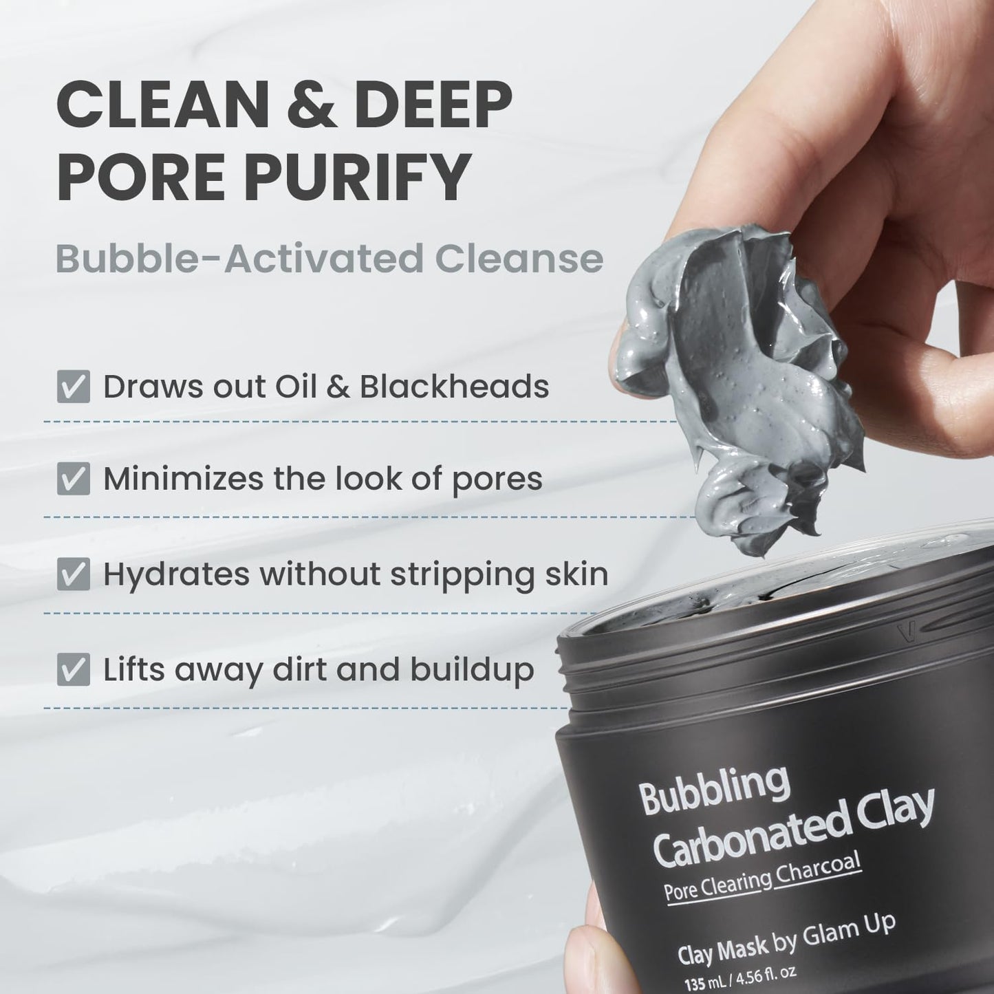 GLAM UP Clean Bubbling Carbonated Clay Mask for Face Purifying- Blackhead Remover, Peel Off, Pore Clearing, Deep Cleansing, Detoxing Bubble Clay Mask, Vegan 135ml (4.56 Fl Oz)