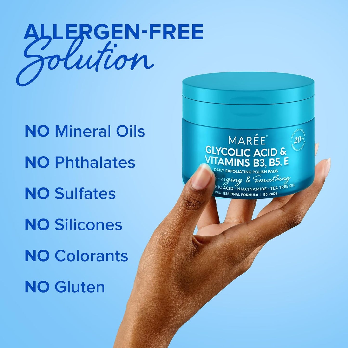 MAREE Glycolic Acid Pads - Toner Pads for Face Cleansing - Exfoliating Pad with Tea Tree Oil, Salicylic Acid & Vitamins E, B3, B5 - Acne Clearing, Skin Pore Resurfacing & Radiance Device - 50 Count