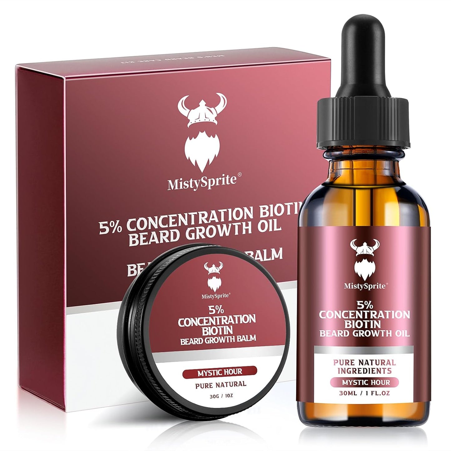 Beard Growth kit & Beard Balm - Beard Growth Kit with 5% Concentration Biotin for Men, Natural Ingredients with Argan Oil, Jojoba Oil and Vitamin (Mystic Hour)