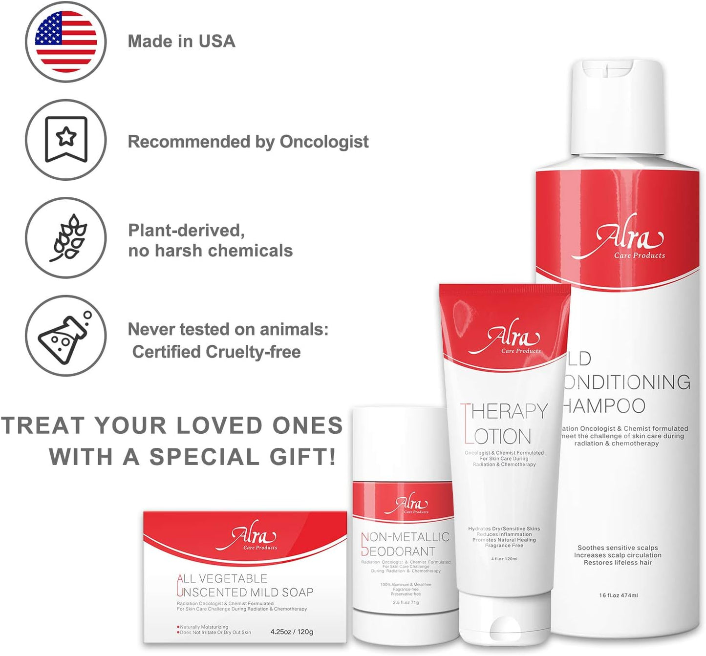 Alra Chemo & Radiation Kit Therapy Skincare Bundle (4-Piece Set) Deep Moisturizing Lotion, Mild Soap, Conditioning Shampoo, Non-Metallic Deodorant | Natural, Soothing Wellness for Cancer Patients