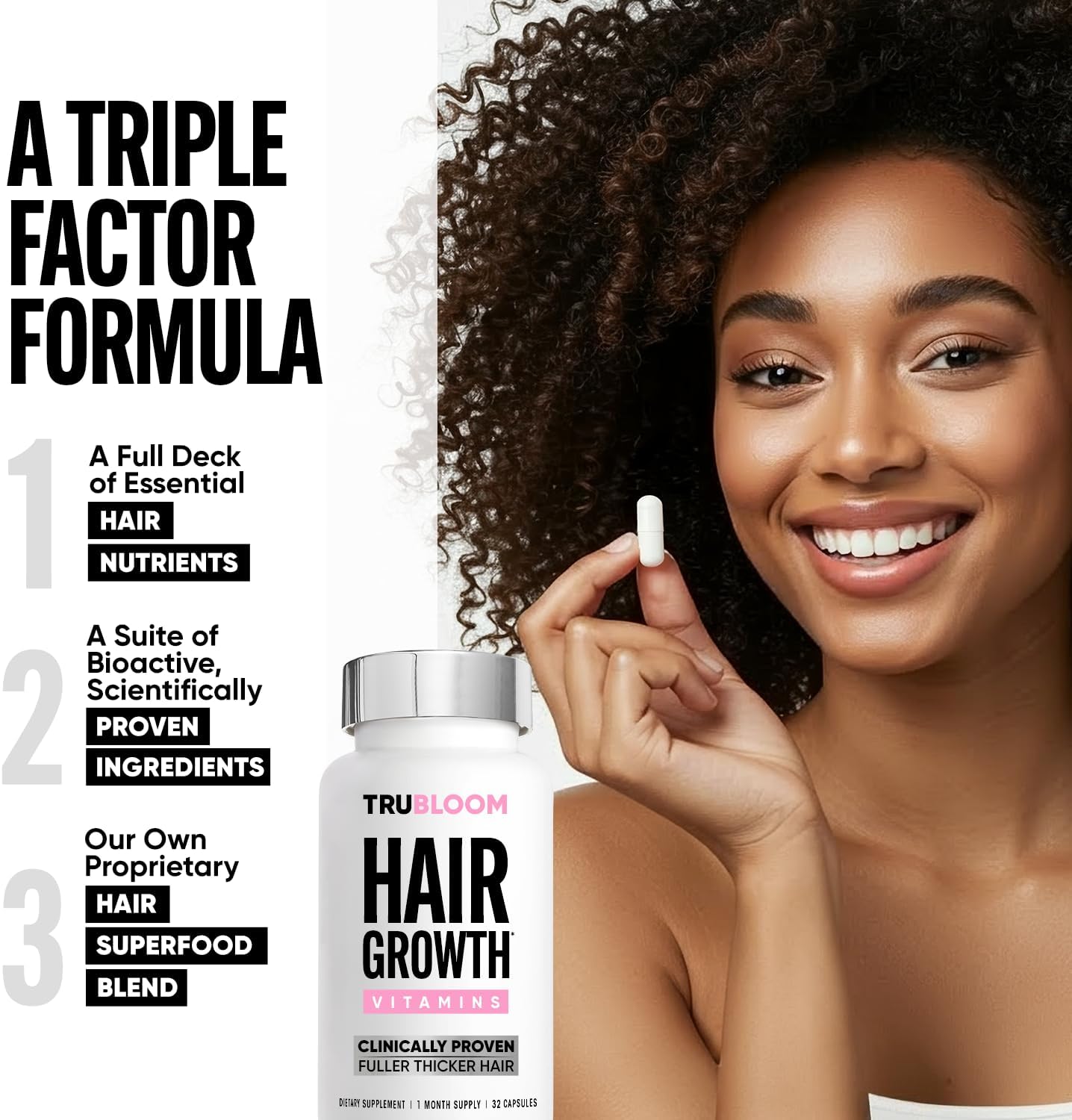Tru Bloom Hair Growth Vitamins - 1 Month Supply. Clinically Proven to Grow Fuller, Thicker Hair. Natural & Drug-Free with Biotin, MSM, Zinc, D3 + Hair Superfoods. Non GMO