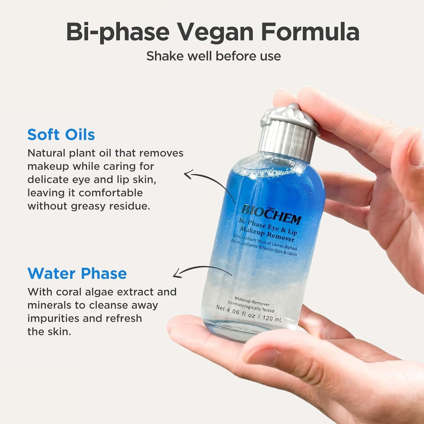 BIOCHEM Bi-Phase Eye & Lip Heavy Makeup Remover, Waterproof Mascara Remover, Gentle Cleanser liquid for Makeup with Natural Ingredients for Sensitive, Normal Skin Types (4.06 fl. oz / 120 ml)