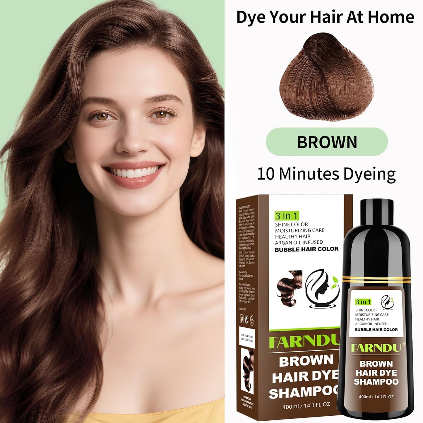 Brown Hair Dye Shampoo for Women Men, Gray Hair Coverage, Natural Herbal Ingredients