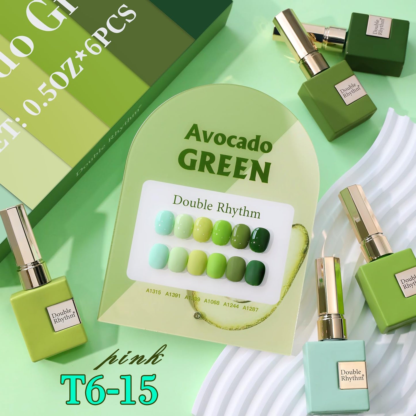 Double Rhythm 6 Pcs 15 ML Gel Polish Set Same Color Same Bottle Soak Off Gel Polish Kit Nail Art Manicure Salon DIY at Home for Women (Light Dark Green Olive Teal-T6-15)