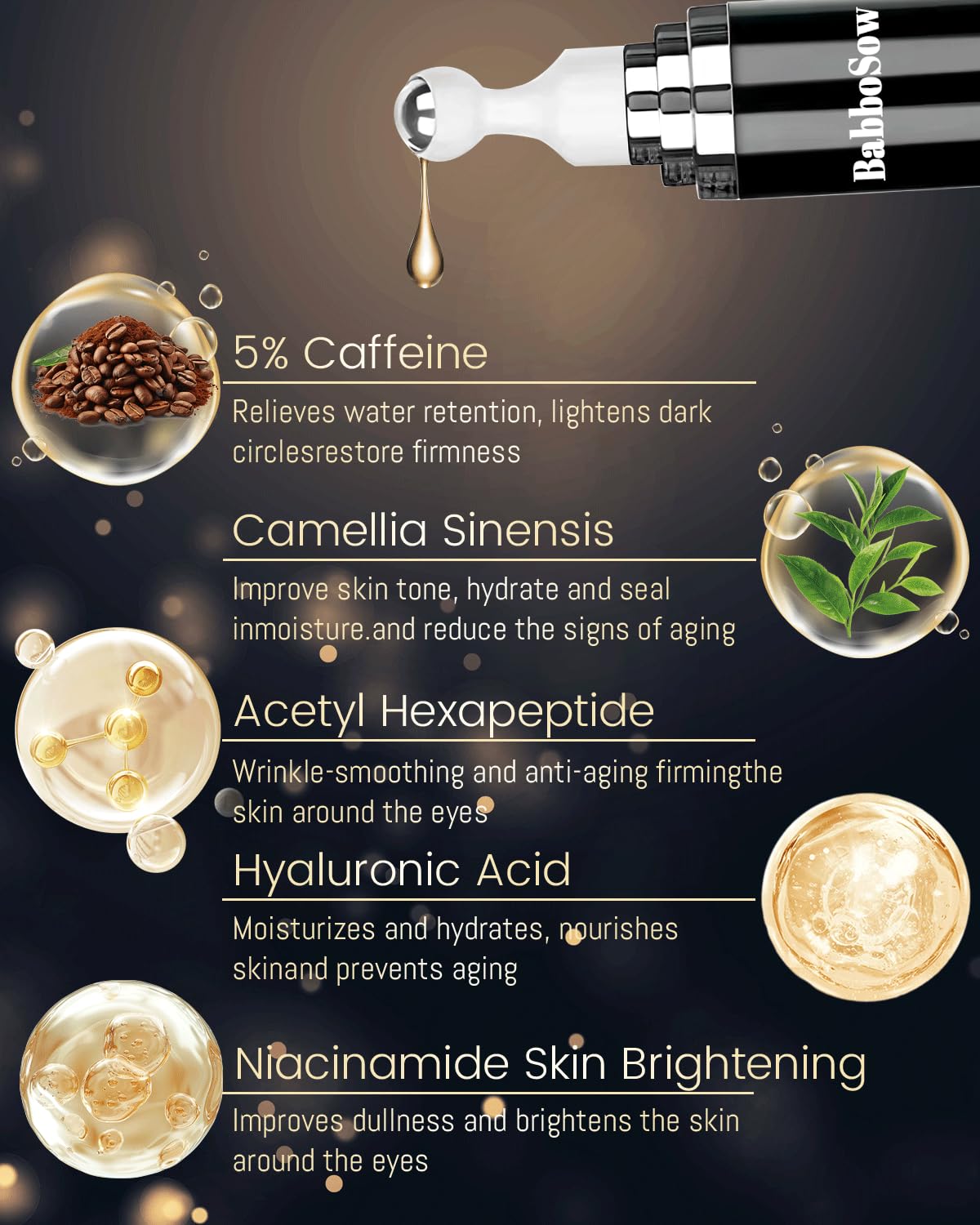 Caffeine Eye Cream and 24K Gold Eye Mask (20 pcs): Under Eye Serum for Dark Circles and Puffiness Eye Care Eye Serum Anti Aging with 360° Massage Ball Reduce Eye Bags, Wrinkles and Fine Lines