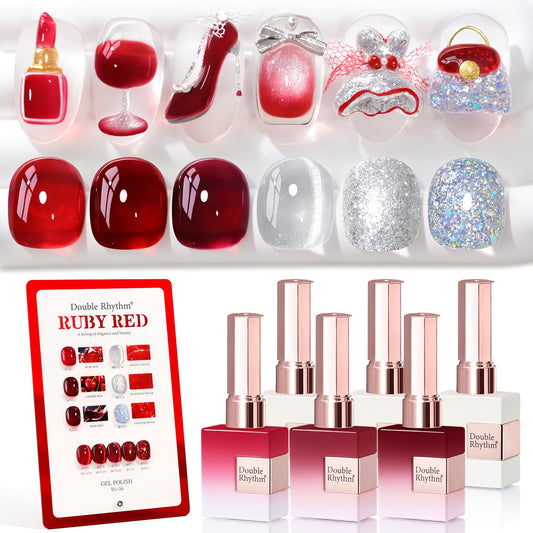 Double Rhythm 6 Pcs 15 ML Gel Polish Set Same Color Same Bottle Soak Off Gel Polish Kit Nail Art Manicure Salon DIY at Home for Women (Jelly Burgundy Red Glitter Silver -T6-56)