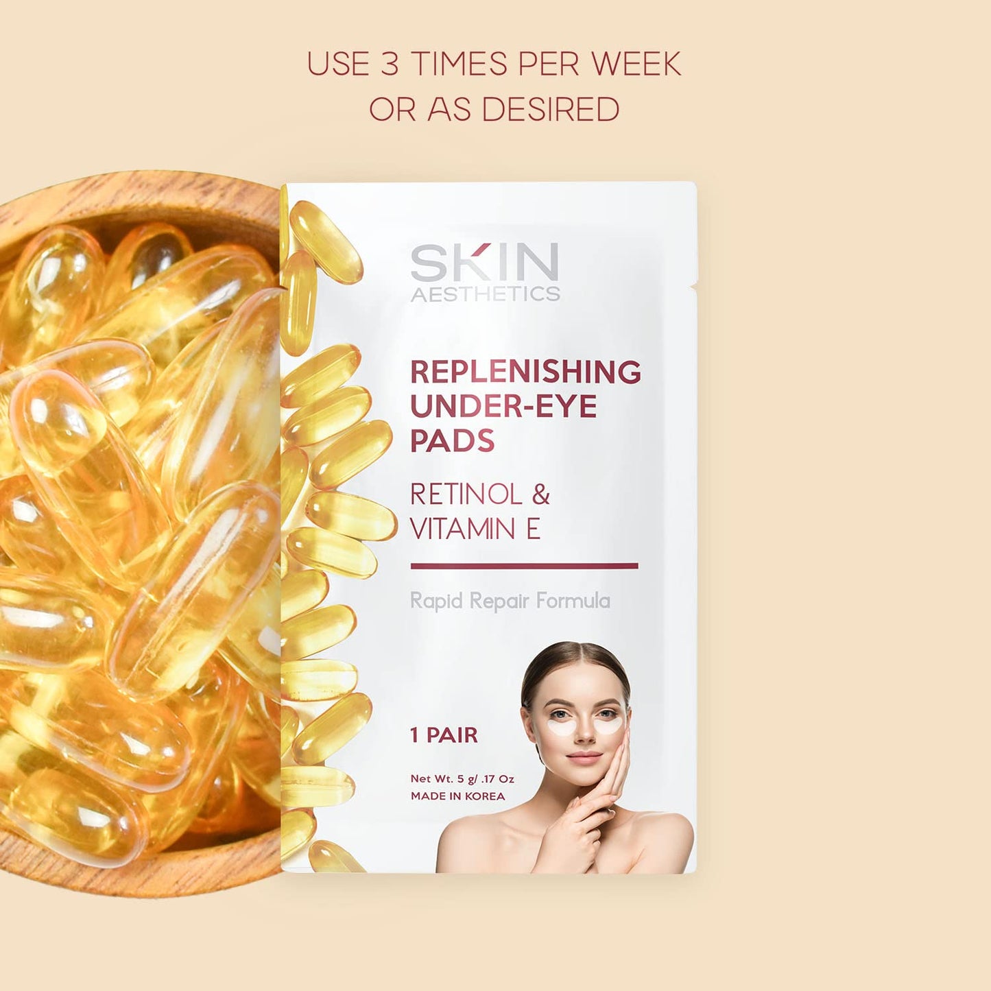 Retinol & Vitamin E Under Eye Patches - Reduces Wrinkles, Fine Lines & Eye Bags, Repairs Skin, Anti-aging Under Eye Pads - Cruelty Free Korean Skin Care For All Skin Types - 5 Pairs