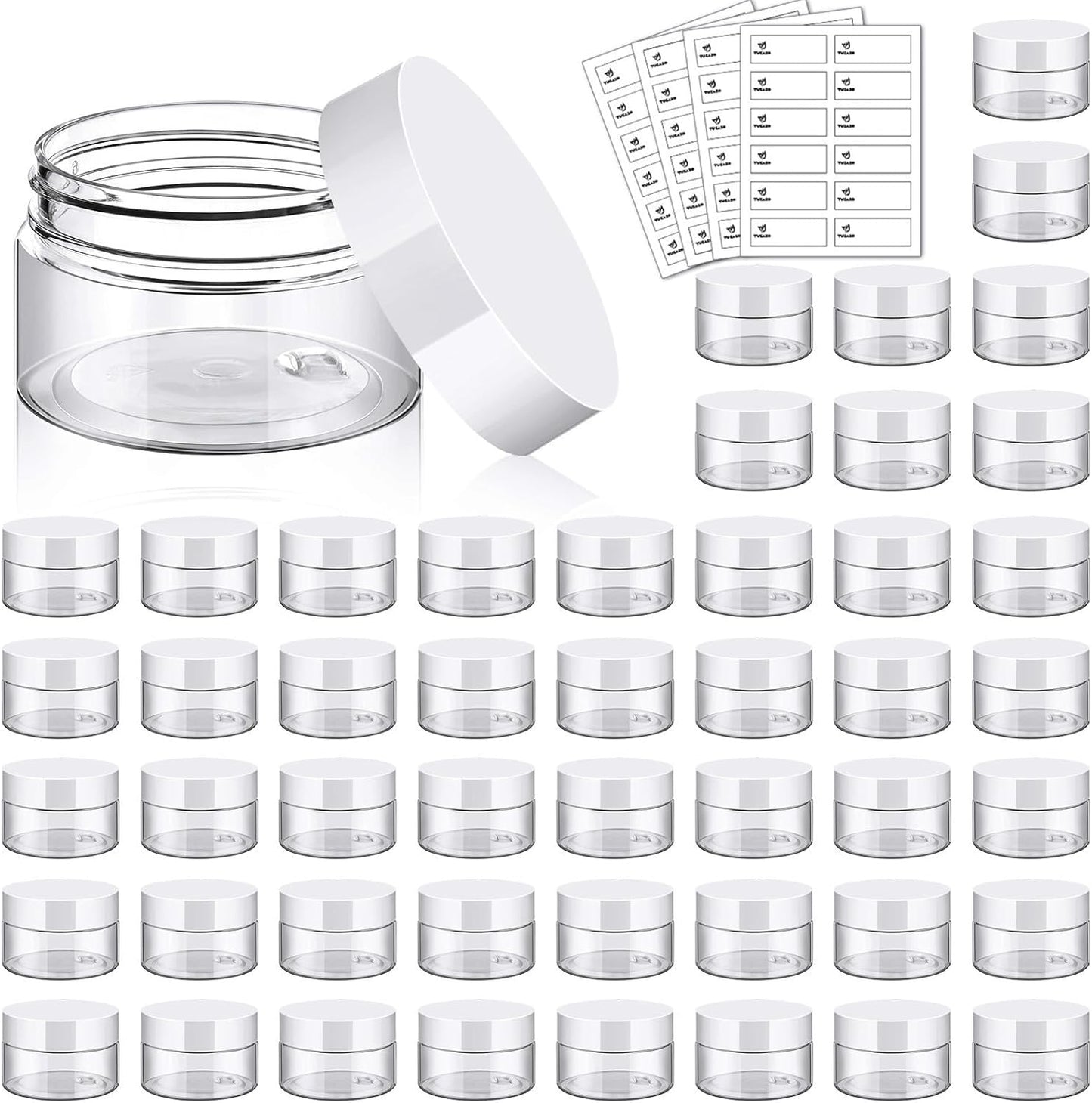 TUZAZO 48 Pack 1 Oz Small Plastic Container Jars with Lids and Labels BPA Free, Empty Round Clear Cosmetic Containers Plastic Slime Jars for Lotion, Cream, Ointments, Samples, Travel Storage (48)