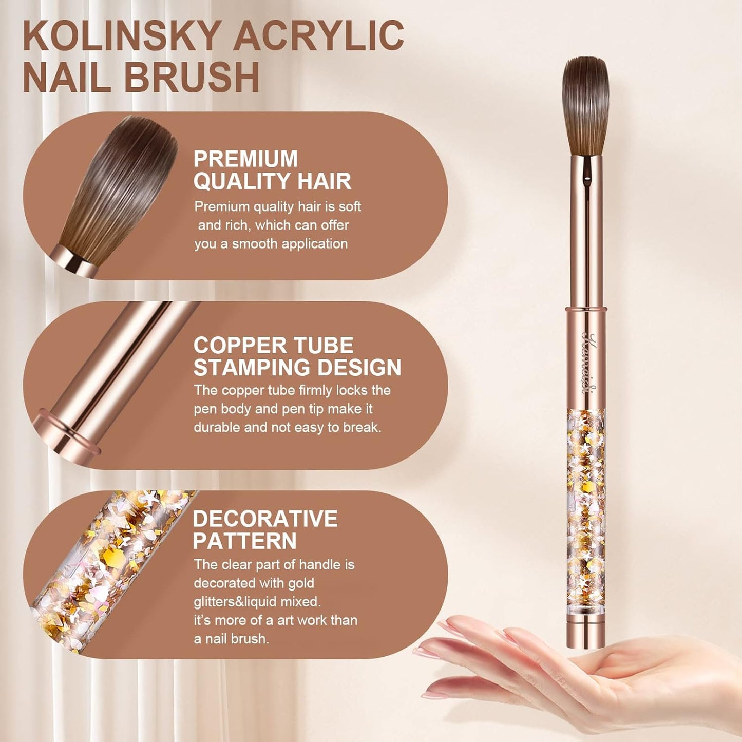 Acrylic Nail Brush Size 8,KEMEISI 100% Pure Kolinsky Nail Art Brushes Sturdy Handle Oval Shaped Acrylic Powder Nail Design Tools for Professional Manicure DIY Home Salon (Gold)