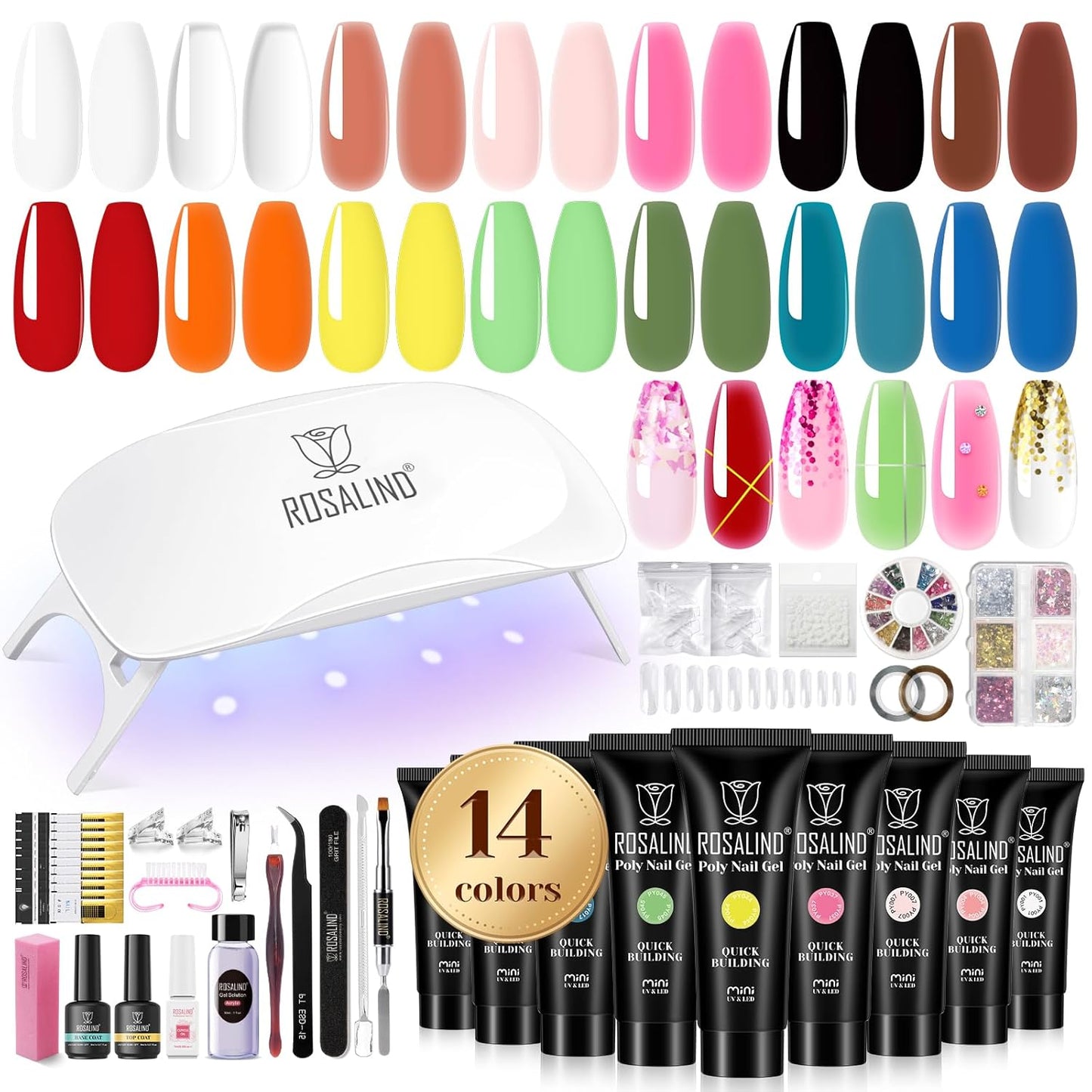 ROSALIND Poly Nail Gel Colors Kit -14 Colors +72 Nail Art Accessories kit Poly Nails Gel Kit Starter Kit with Mini UV Lamp Slip Solution Poly Nail Art Tools for Beginners with Everything
