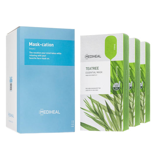 Mediheal Official [Korea's No 1 Sheet Mask] - Tea Tree Essential Blemish Control Mask JUMBO Pack | 30 Masks, 3 x 10 Packs Skin Soothing & Sebum Control Sensitive Oily Korean skin care set