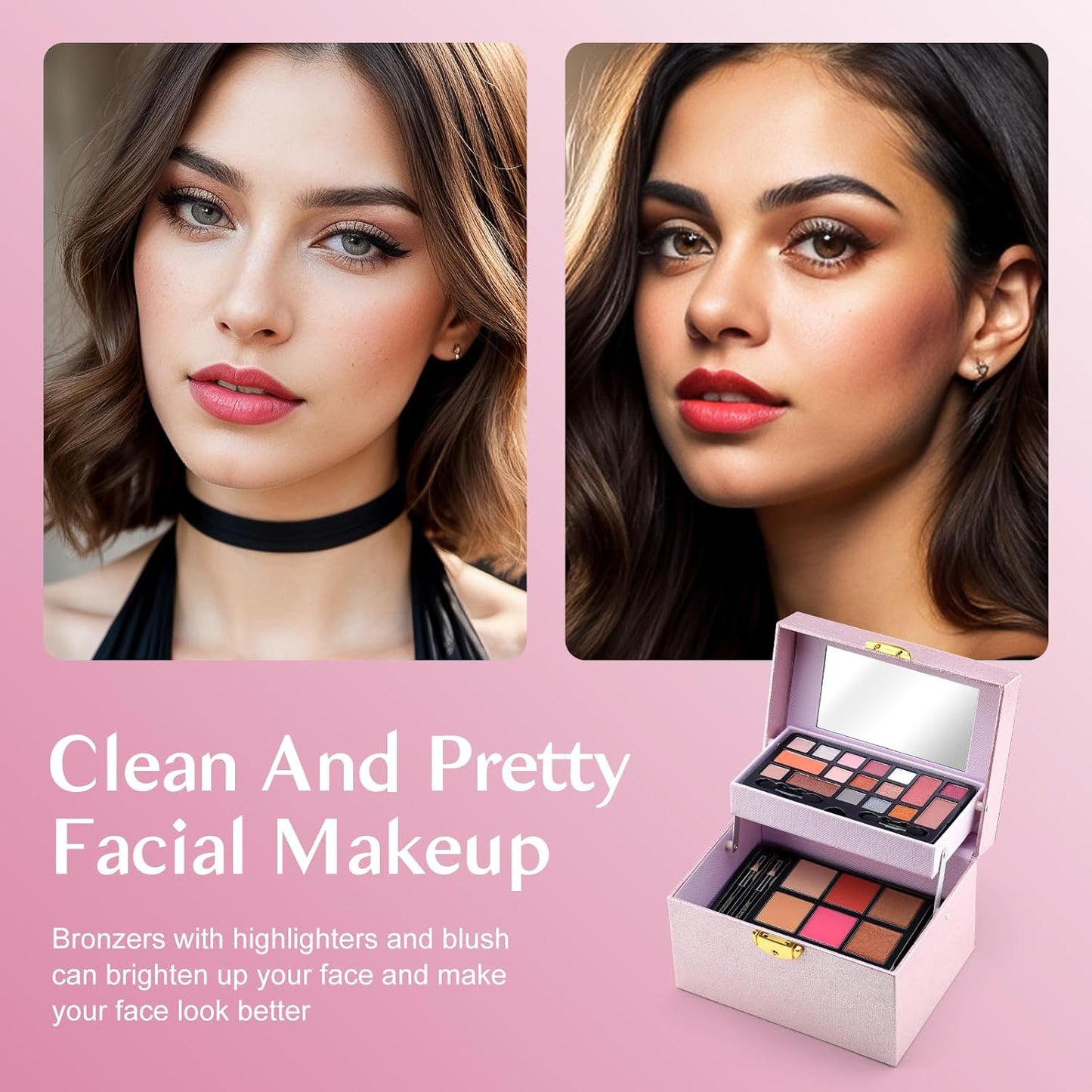 Color Nymph Beginner Makeup Kit For Teens, Girls Makeup kits With Recyclable And Key-Lockable Cabinet Included 17-Colors Eyeshadows Blushes Bronzer Highlighter Lipstick Brushes Mirror(Pink)