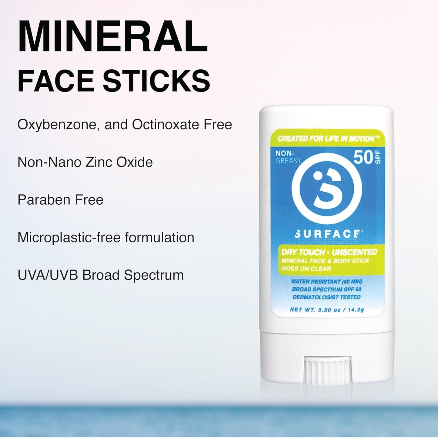 Surface Mineral Face Sunscreen Stick, Dry Touch SPF 50, Broad Spectrum UVA UVB Sun Protection for Kids and Adults, Travel Friendly, Water Resistant for 80 Minutes, Fragrance Free, 0.5oz