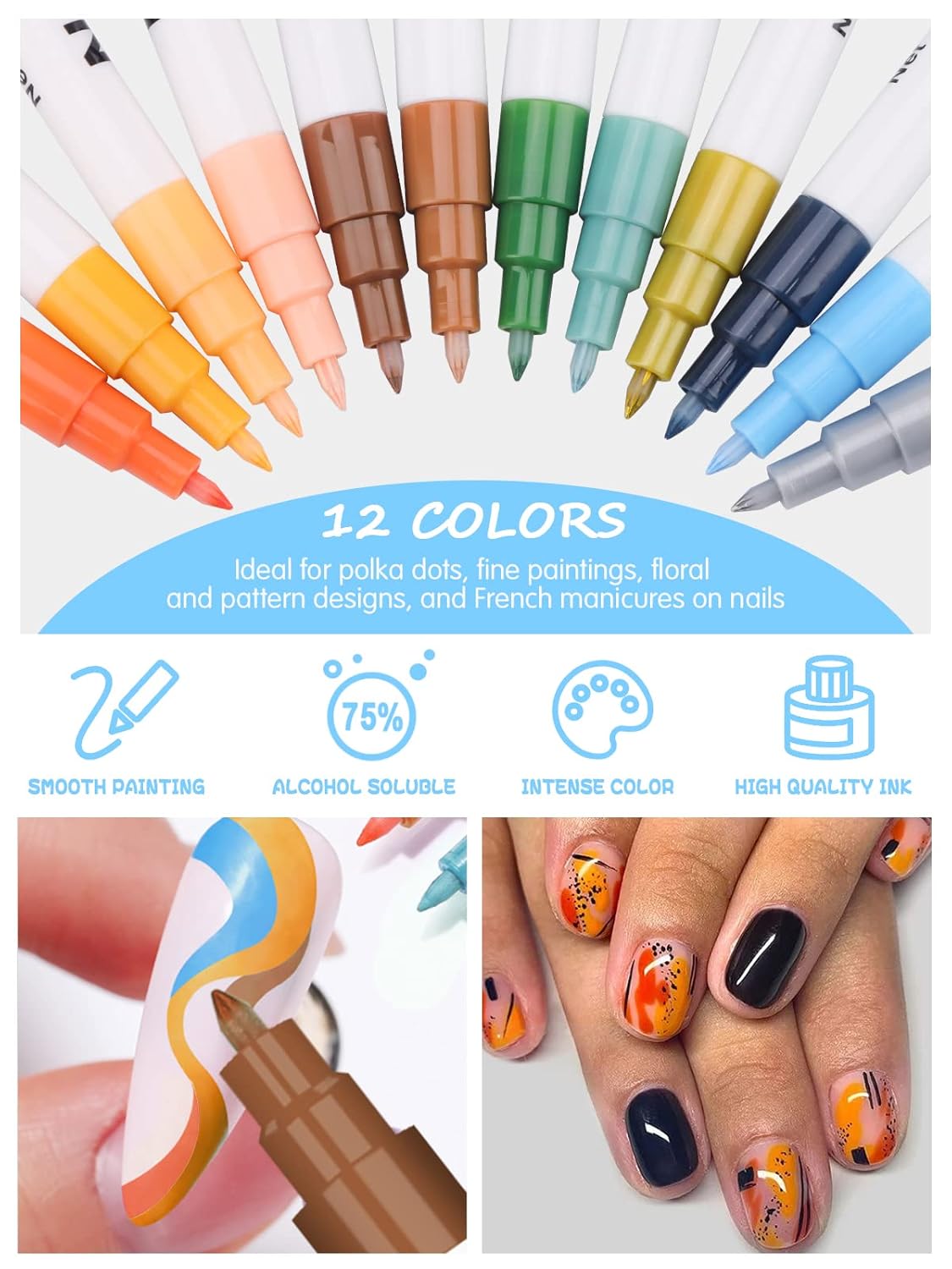 12 Color 3D Nail Art Pens Set, Kalolary Nail Point Graffiti Dotting Pen Drawing Painting Liner Brush for DIY Nail Art Beauty Adorn Manicure Tools(B)
