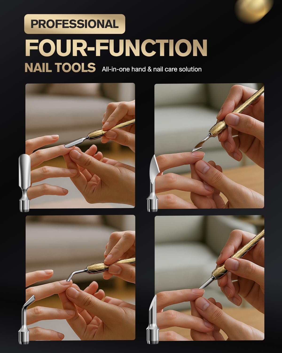 FERYES 4-in-1 Cuticle Pusher Tool-Curved/Smooth/Chisel/Horseshoe Heads + Thread-Lock Handle for Secure Salon Manicures