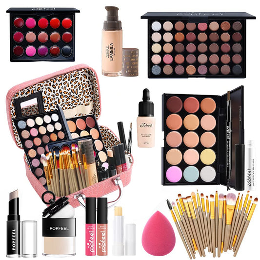 All in one makeup kit for women full kit makeup set for girls teens Eyeshadow Palette, Lip Gloss, Lipstick, Foundation, Mascara, Eyebrow Pencil, Eyeliner, Contour Stick, Powder Puff, Makeup Brushes,