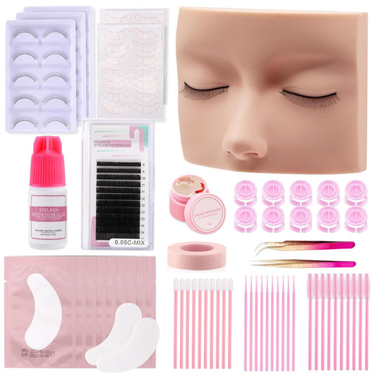 Lash Kit for Beginners, Eyelash Extension Kit with Eye Lash Mannequin Head, Eyelash Extension Glue, Remover Cream, Tweezers for Practice Training