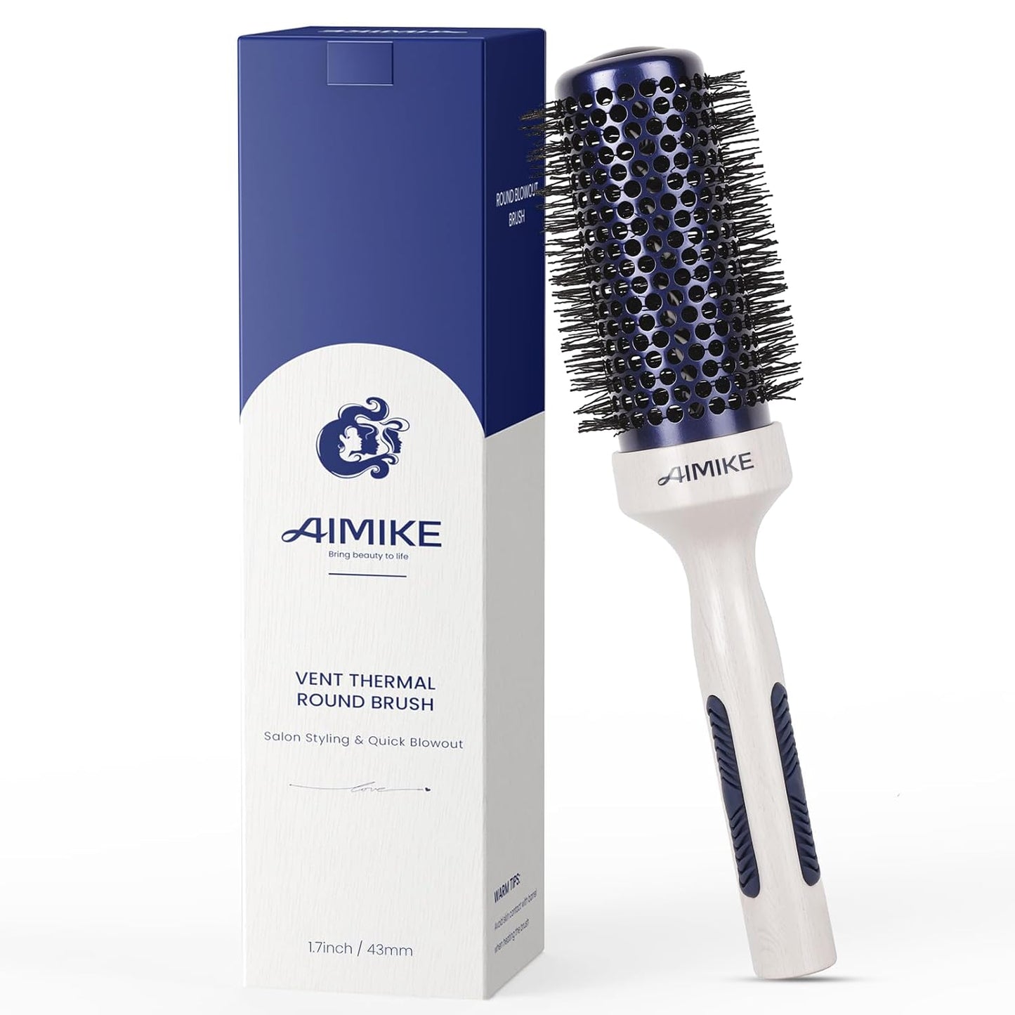 AIMIKE Nano Ionic Tech Ceramic Brush for Blow Drying, Styling and Volume Boost - Natural Wood One-Piece Design, 1.7 Inch/43mm