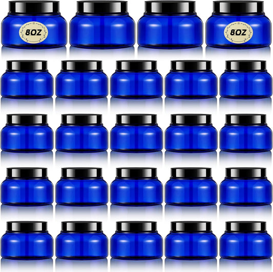 Tessco 24 Pack Plastic Jars with Lids Labels Empty Clear Plastic Jars Round Refillable Cosmetic Containers Body Butter Containers Bulk Sugar Scrub Bottle for Make Up(8 oz,Blue, Black)