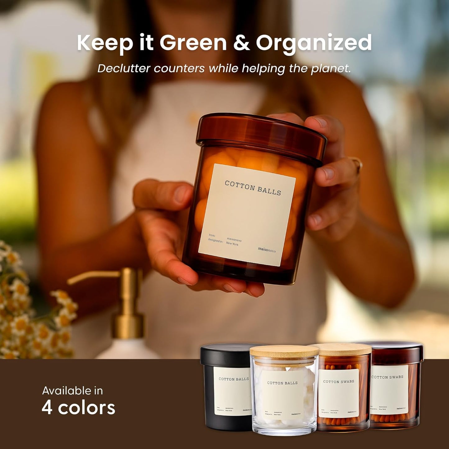 MaisoNovo Qtip Holder Bathroom Set – Airtight Glass Qtip Holder with Lid to Store Q Tips, Cotton Rounds, Cotton Balls, Floss Picks, Hair Ties with free labels pack - 2 Amber Jars with Glass Lids